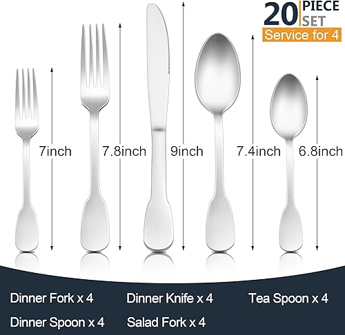 Miniatura 2 de E-far Juego de cubiertos mate para 4, 20 piezas de cubiertos de acero inoxidable para el hogar, cocina, restaurante, tenedores, cucharas y cuchillos