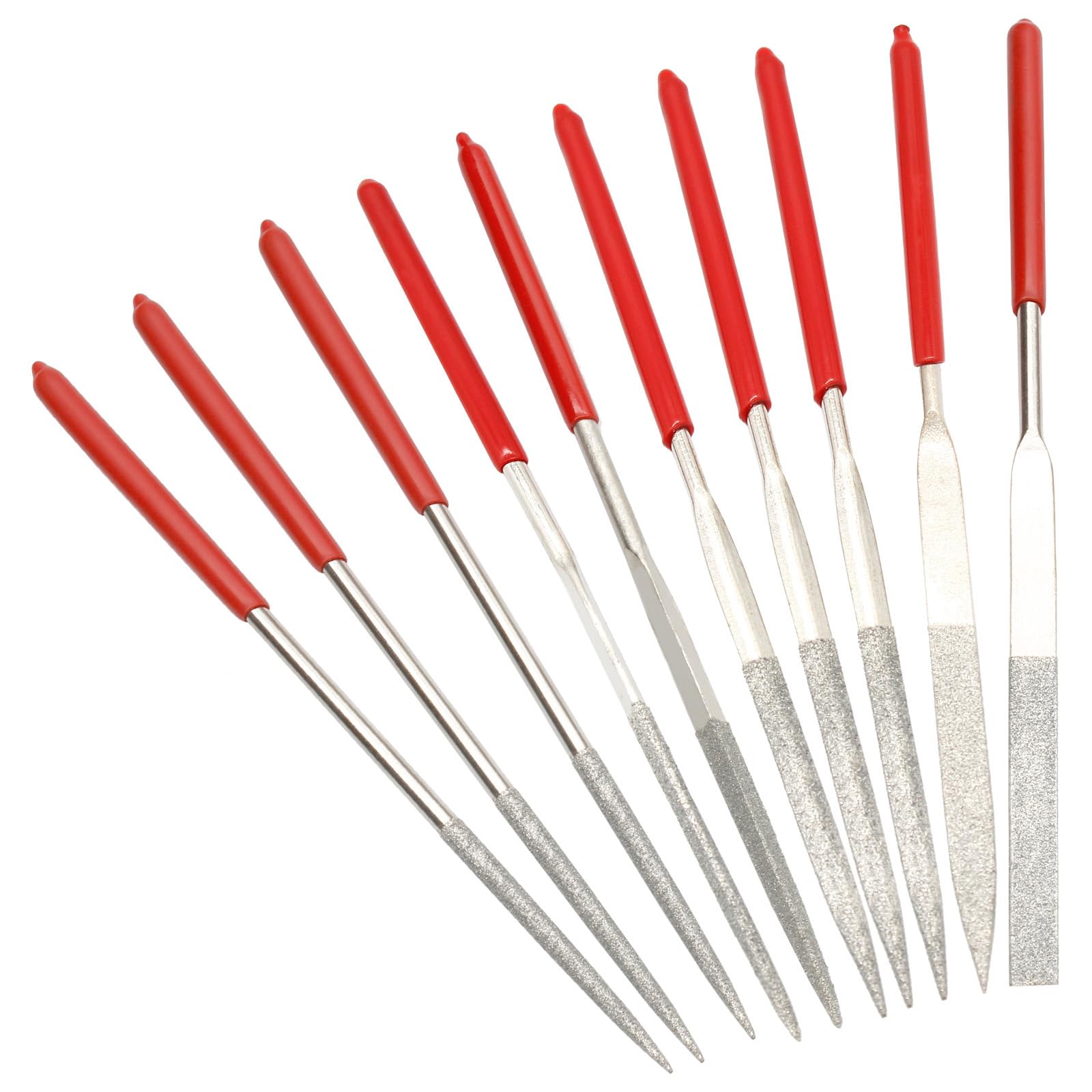 10 Pcs Mini Diamond Needle File Set, Metal Riffler Files Precision File Hand Tools for Jewelry Glass Wood Stone, 3x140mm (Round, Flat, Triangular and Square Shape)