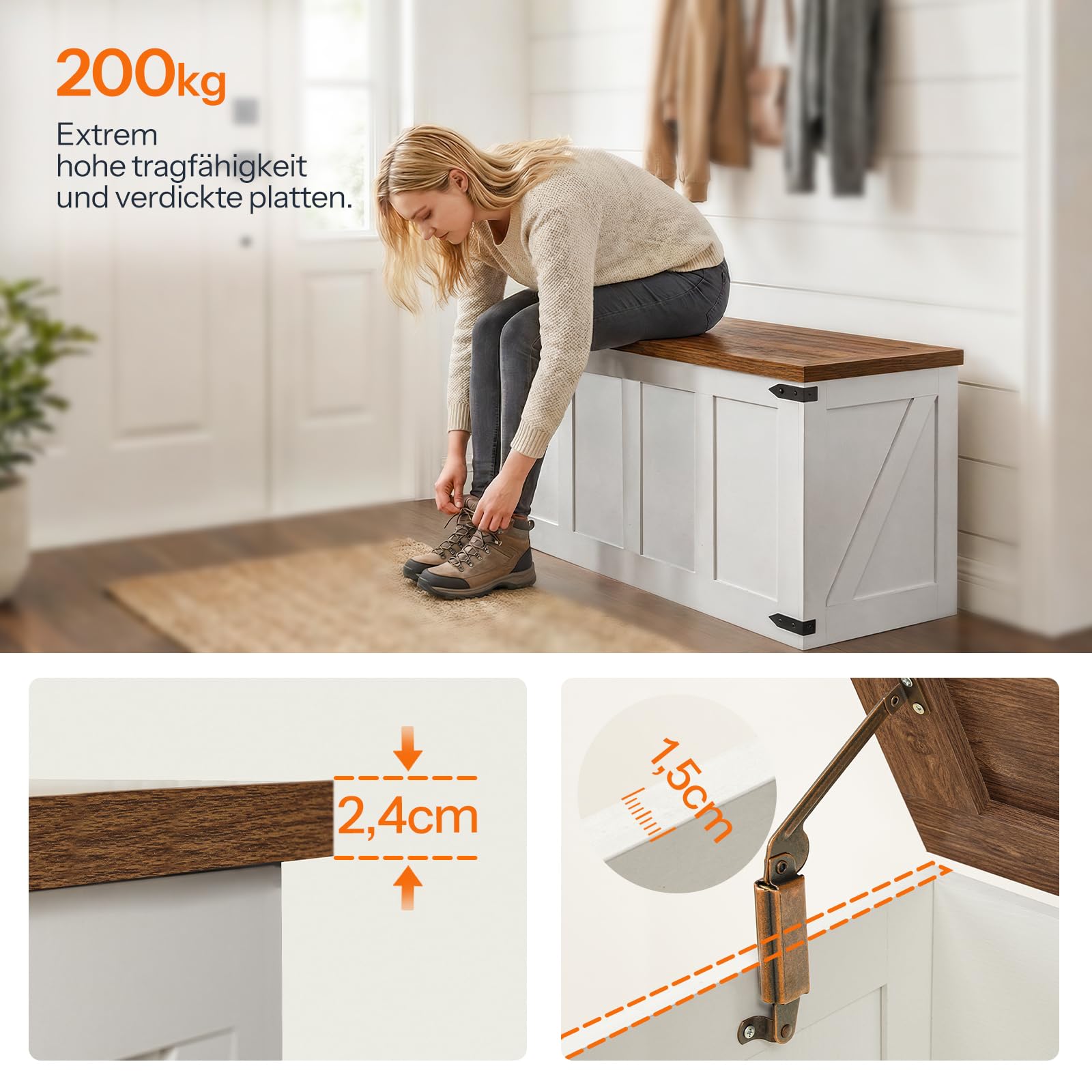HOOBRO Sitzbank mit Stauraum, Truhen mit Deckel, Spielzeugkiste groß, Schuhbank mit 2 Sicherheitsscharniere, aufbewahrungsbox, 100 x 39 x 50 cm, für Flur, Schlafzimmer Weiß und Walnuss EWH500CW01