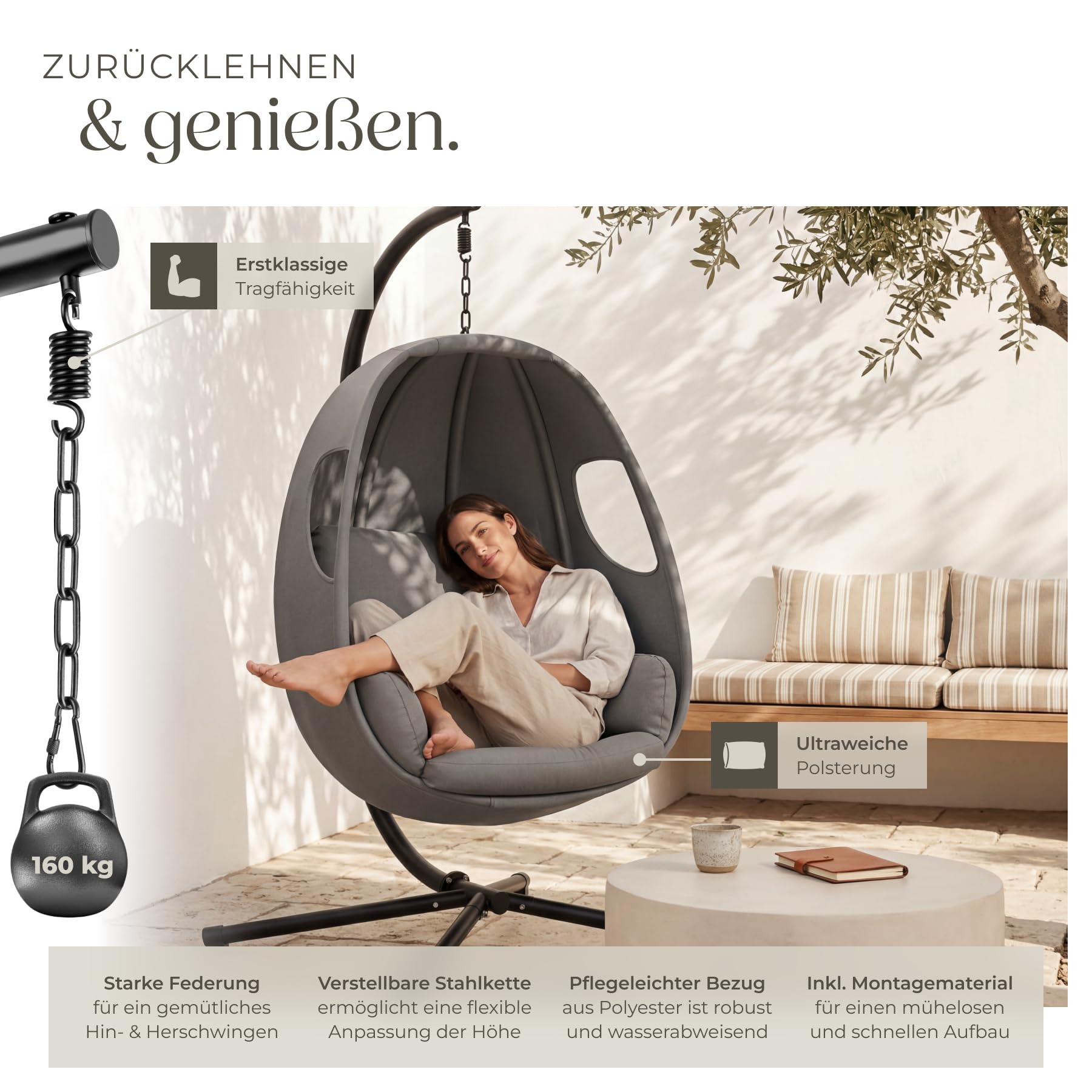 tectake® Hängesessel mit Gestell, Indoor oder Outdoor, Schaukel Sessel mit Kissen + Rückenkissen, Schaukelstuhl, Hängestuhl. Möbel für Wohnzimmer, Schlafzimmer, Balkonmöbel, bis 160kg (anthrazit)