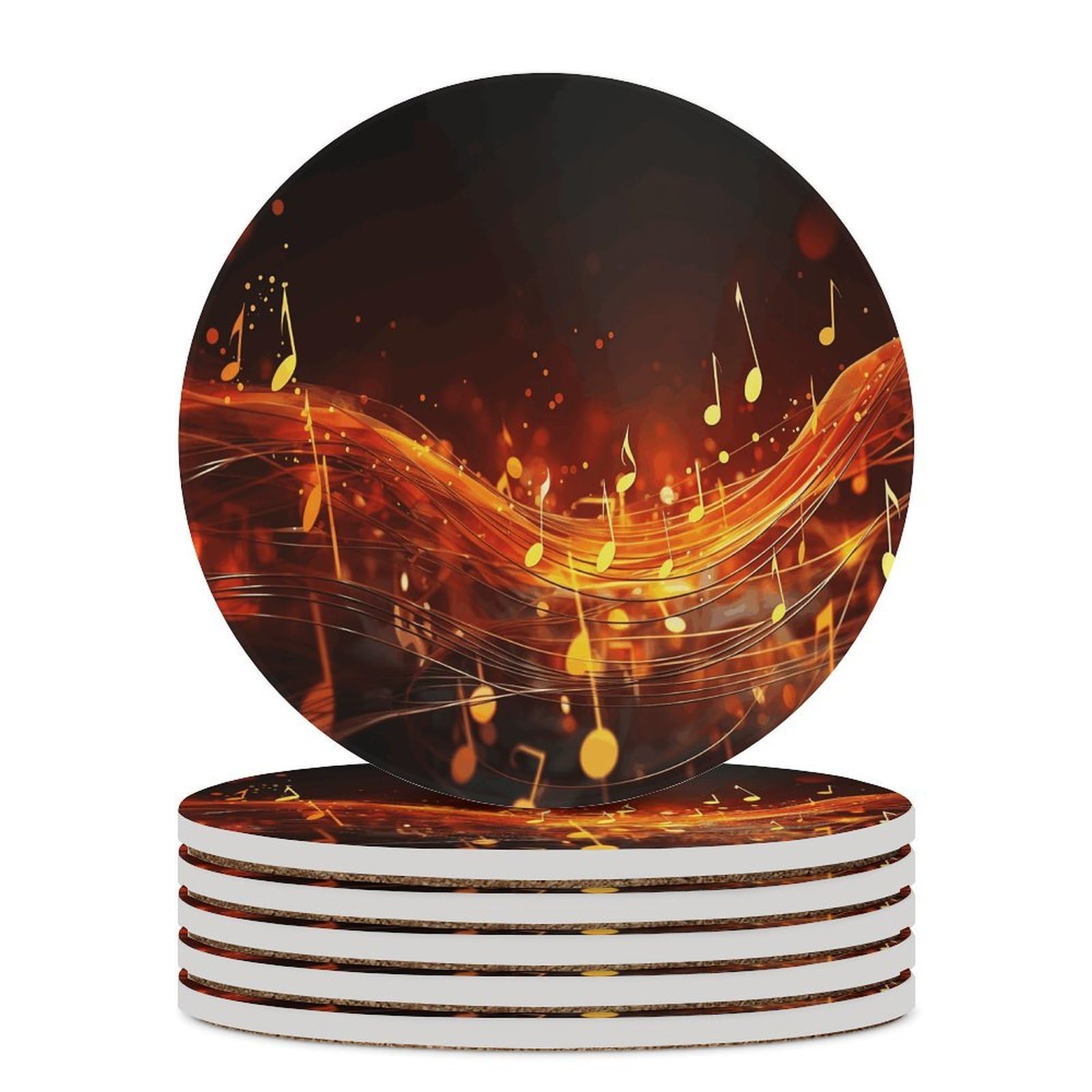 Red Flame Music Note podstawki pod napoje z uchwytem na stolik kawowy, ceramiczna podstawka z podstawą korkową, ceramiczna podstawka do mrożonych zimnych lub gorących napojów, 10 cm