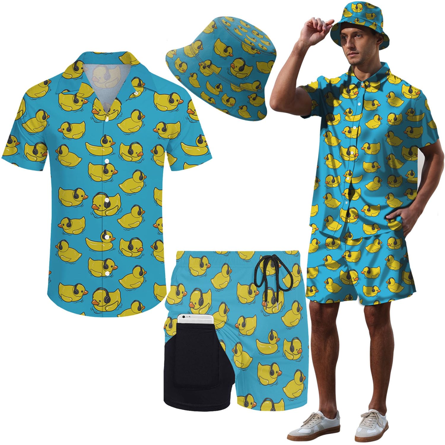 POKMHawaiian MenS 2 Piece Outfits Rave Duck Shirts Shorts Outfits Tropical Set with Hat