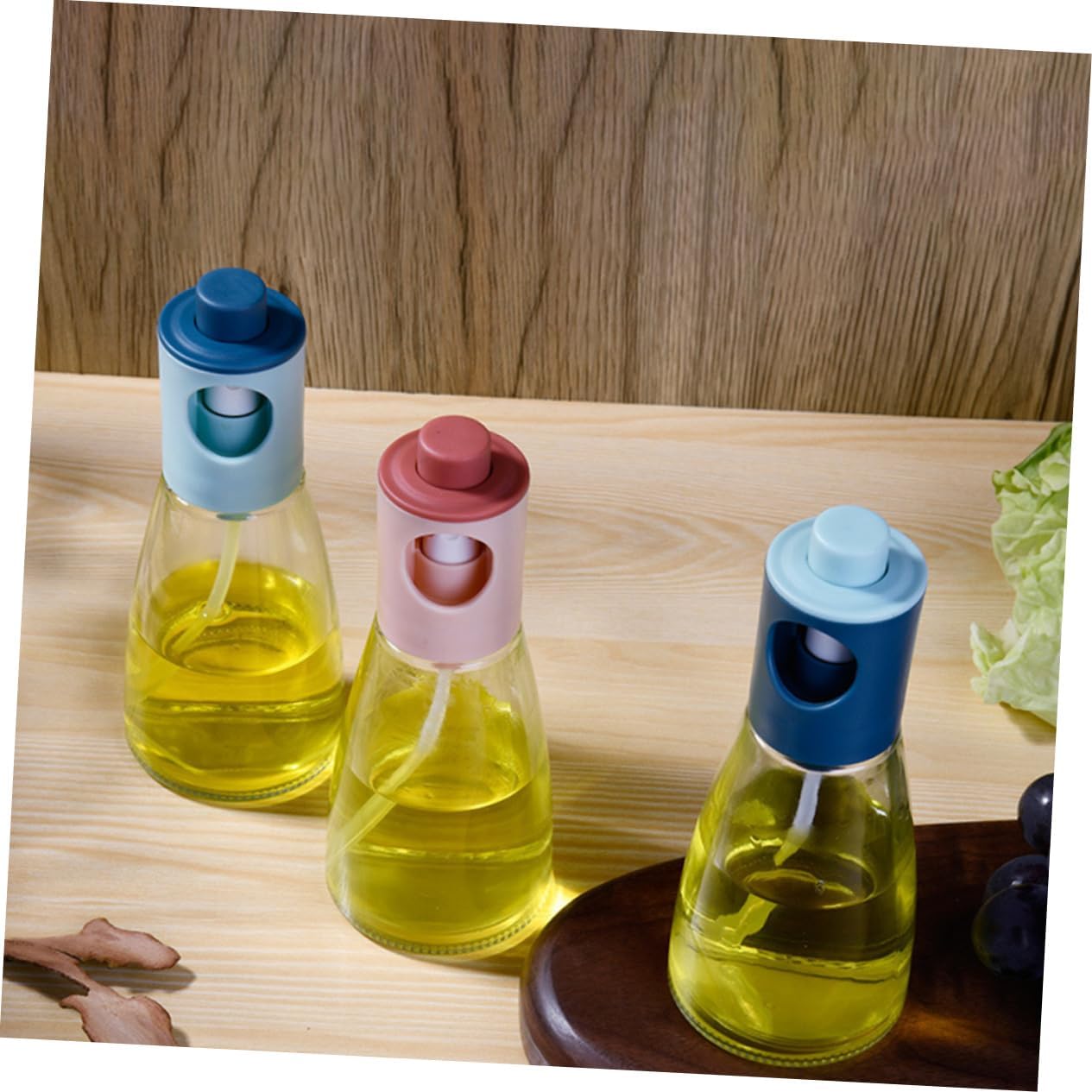 2Pcs Press Type Oil Sprayer Glass Bottles for Cooking Kitchen Use Leak Oil Dispenser with Even Spray Control Blue Gradient Design for Healthy Cooking and Bbq