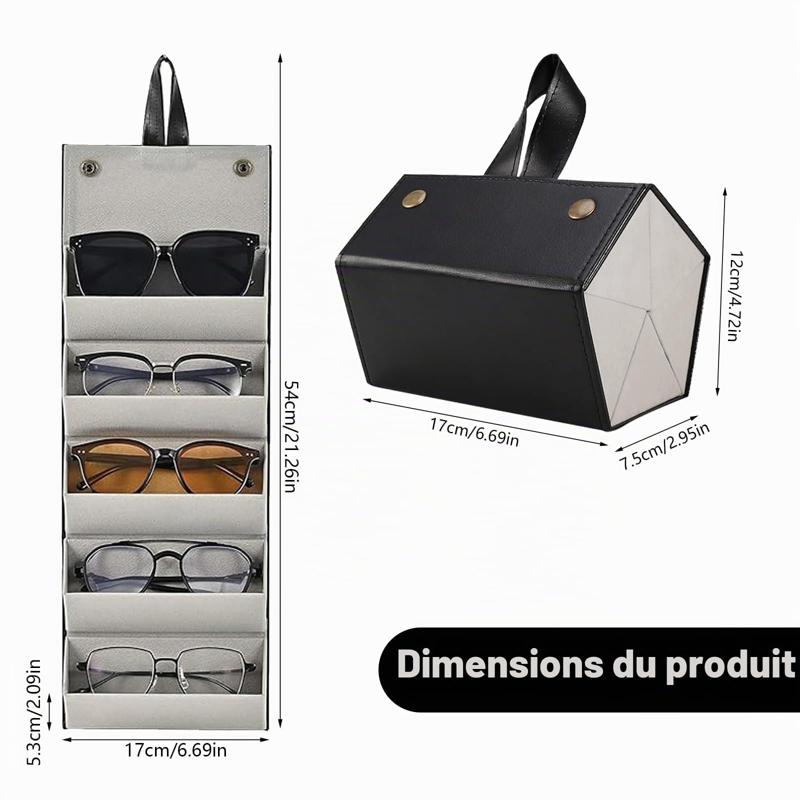 DEANKEJI 5 Compartiments Range Lunettes, 17 X 12,5 X 12 cm Rangement Lunette, Cuir Noir Range Lunettes, pour Lunettes de Soleil