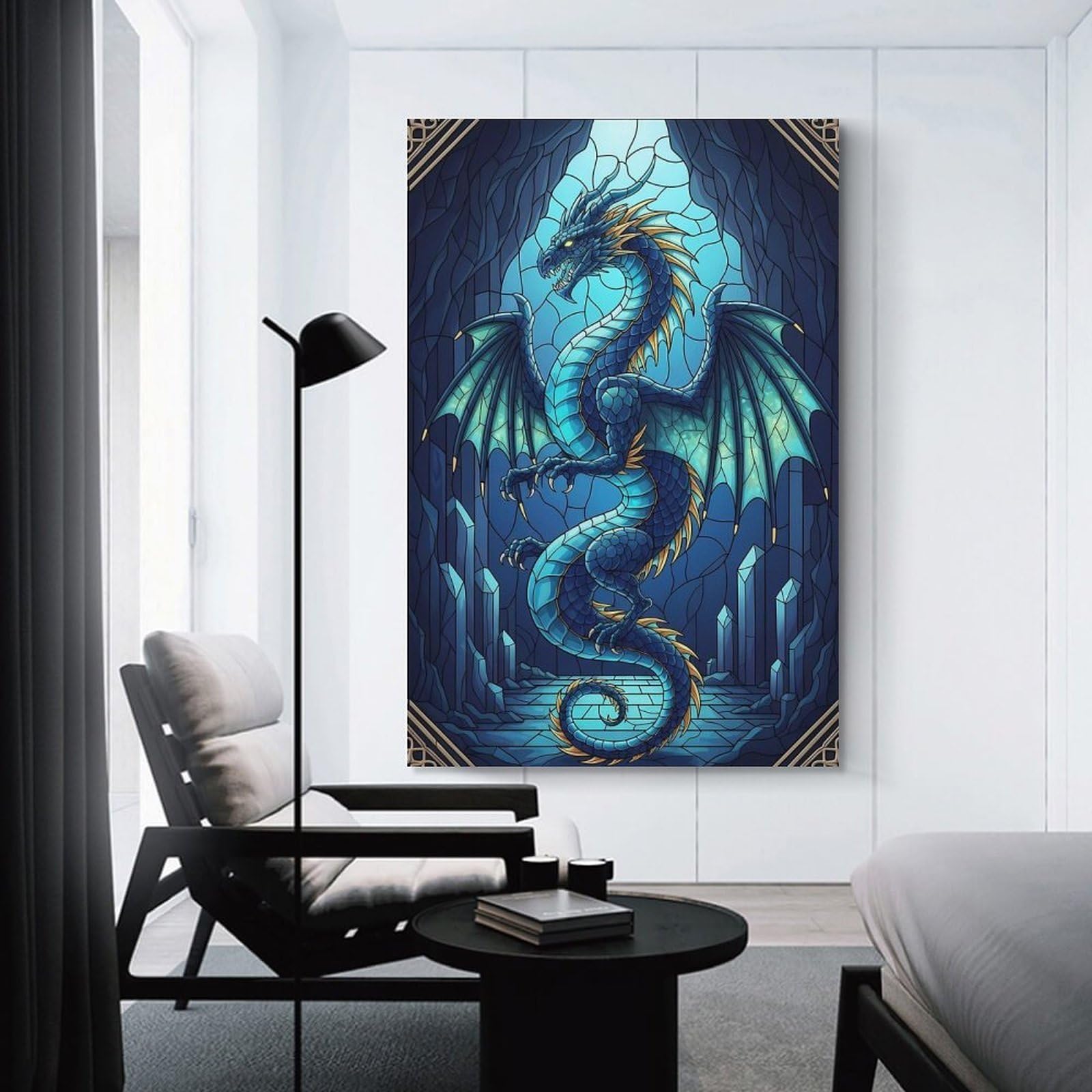 Junmoney Blue Dragon Stained Glass Illustration Decorative Wall Artwork, 24x36inch(60x90cm), for Home Lounge, Bedroom Or Reading Nook, Eye Catching Artwork for Blank Walls
