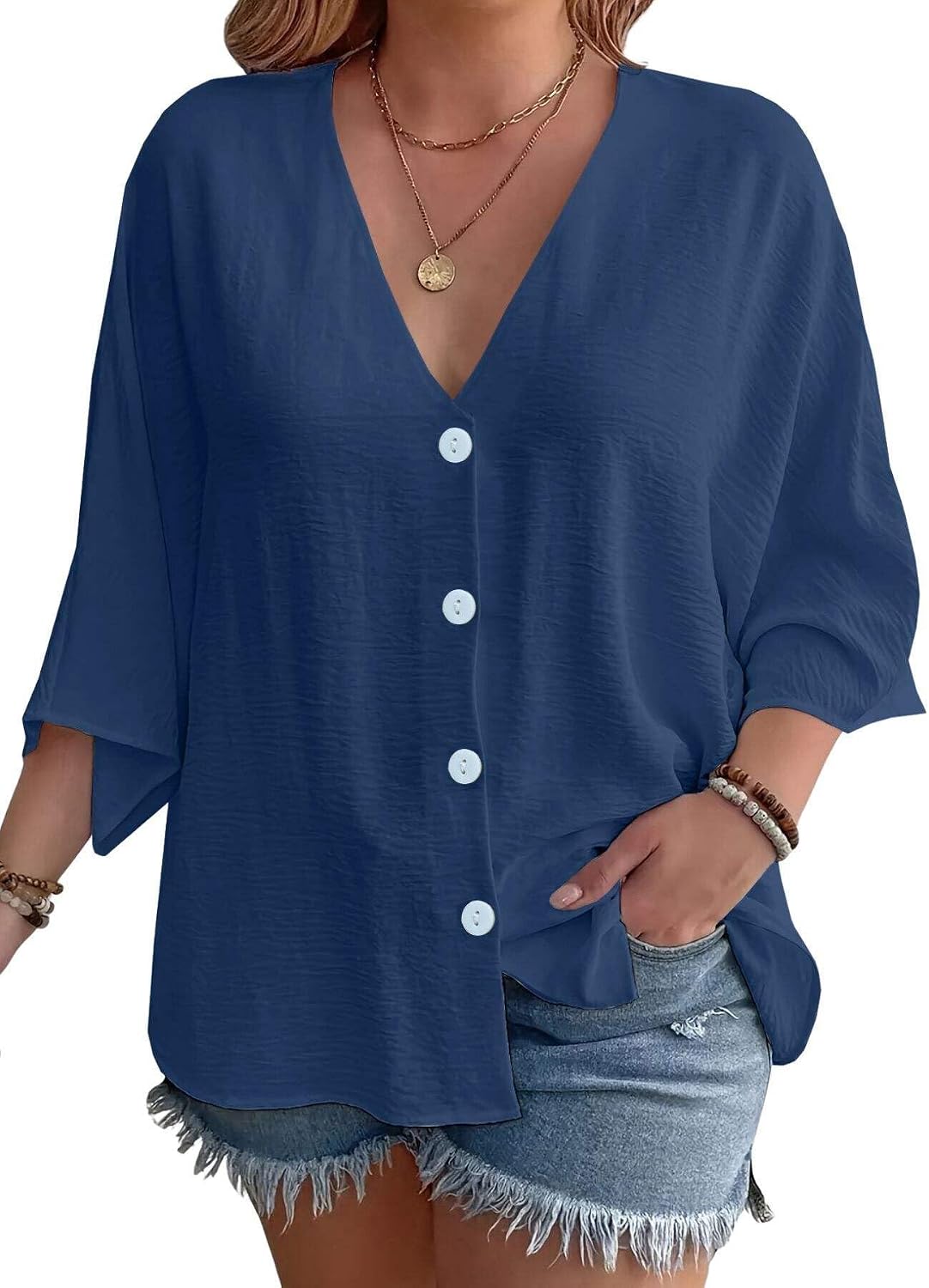Womens Button Down Shirts Deep V Neck 3/4 Sleeve Plus Size Elegant Dressy Blouses Loose Fit Comfy Flowy Shirts for Women Summer Solid Color Casual Work Tops Blue 2XL