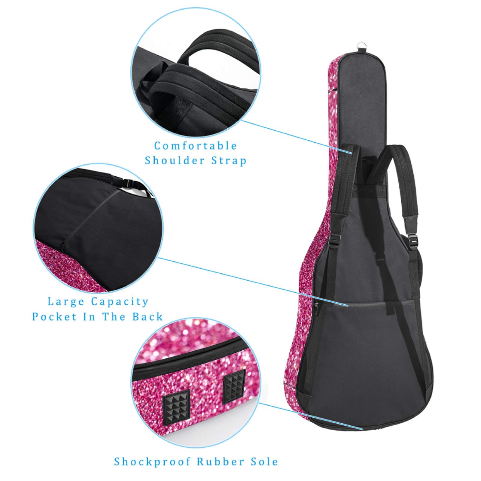 Housse de transport imperméable à fermeture éclair souple pour guitare acoustique, basse et folk classique, rose effet paillettes