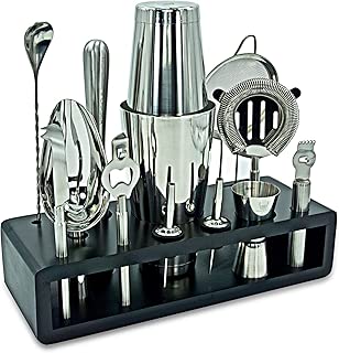 Highball & Chaser Cocktail Shaker Bar Set with Espresso Bamboo Stand Beautiful Cocktail Shaker Set with Highest Quality Bar Tools/Bar Accessories Stainless Steel Boston Shaker Bartender Kit with Stand - coolthings.us