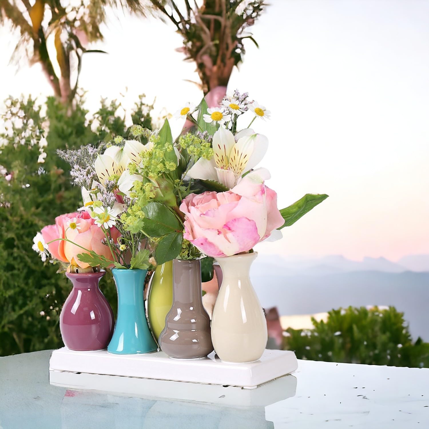 2er Set Keramikvasen – Bunte Mini-Vasen je 7 Stück (19×7×11 cm) – Handgefertigte Tischdeko & Wohnzimmerdeko – Skandinavische Geschenkideen für Blumen & Trockenblumen