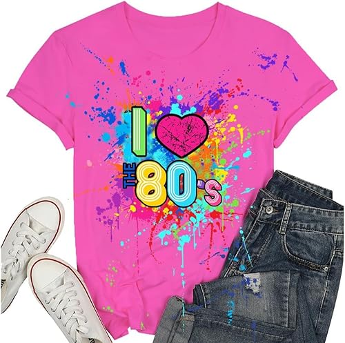 Camisetas vintage de los años 80 para mujer, con texto en inglés "I Love The 80", camiseta con estampado de neón de los 80, para fiestas temáticas