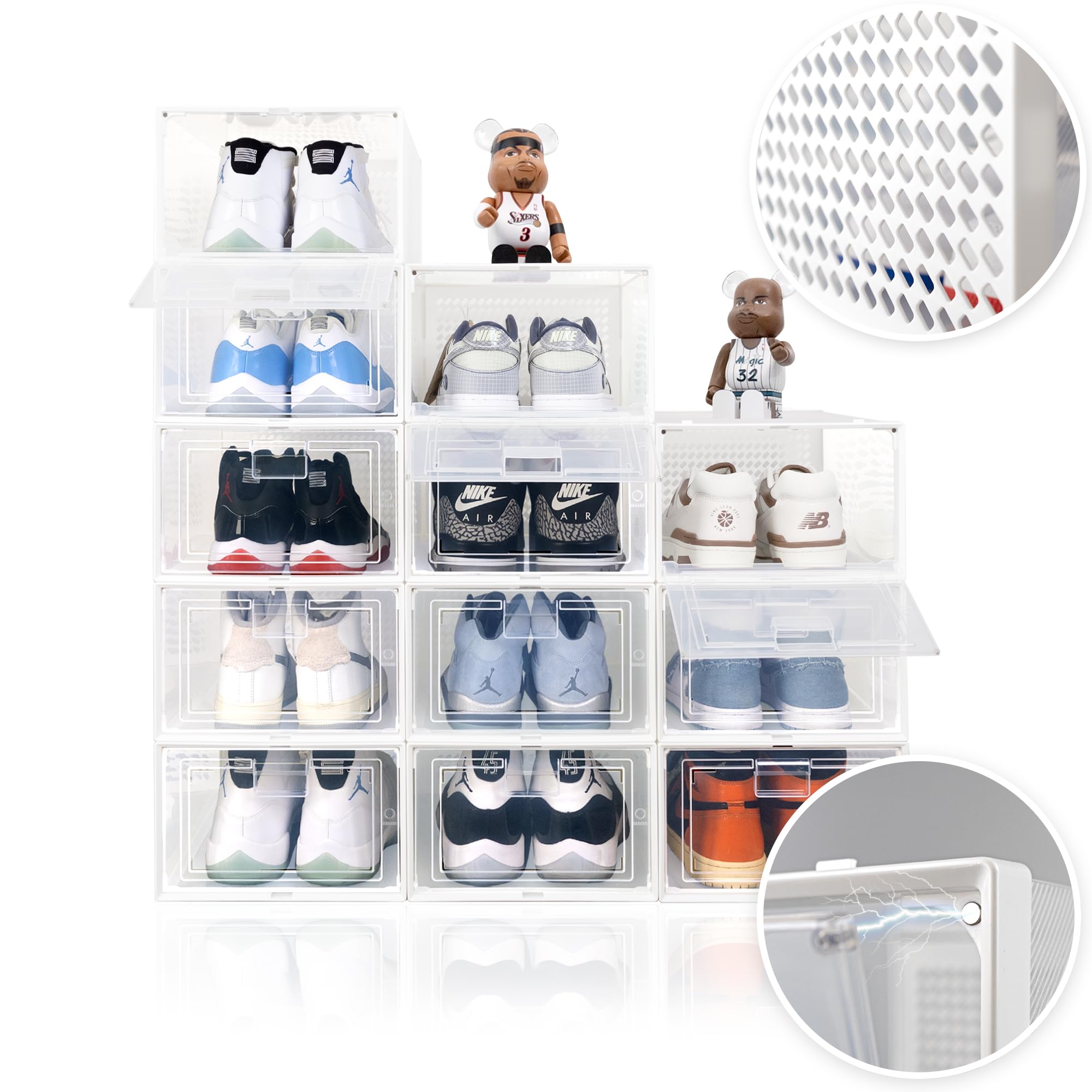 OLLIE Aerobox Shoe Storage Organizer-Shoe Organizer, Clear Shoe Boxes, Drop Front Soft Plastic, Rangement Chaussures, Rangement Soulier with Airflow Vent (Large, White, 12 Pack)