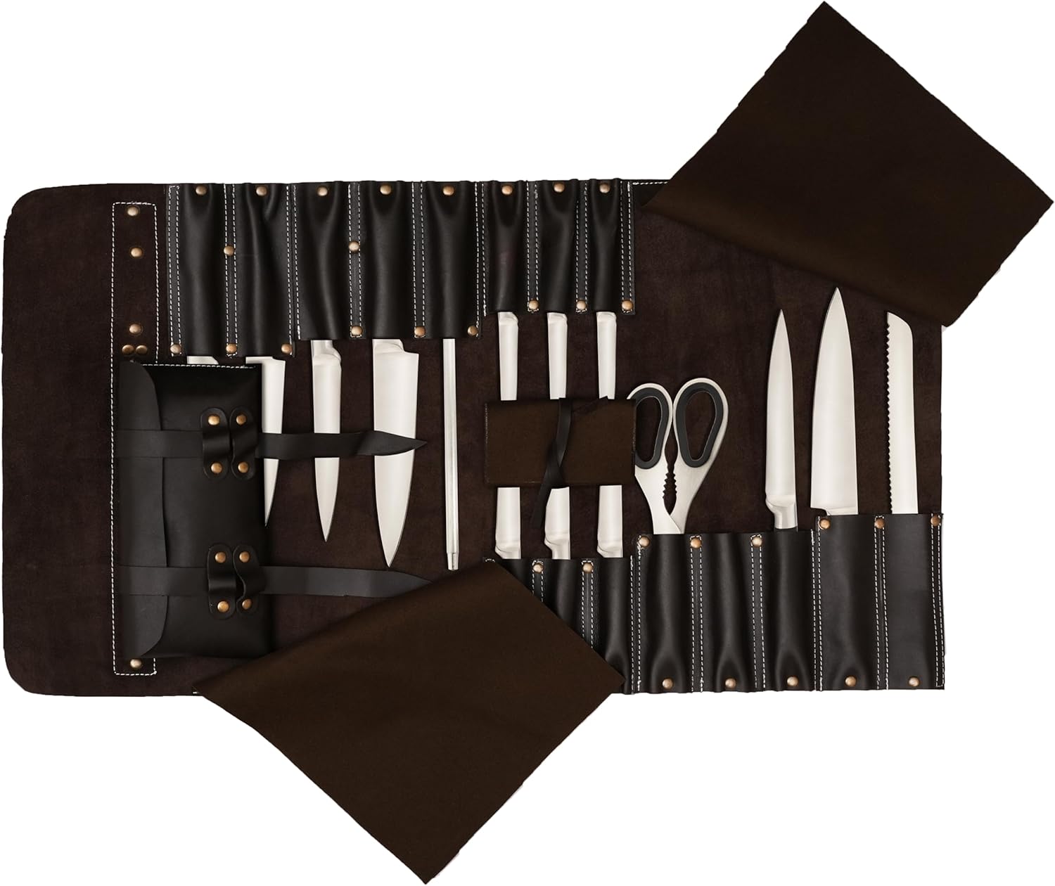 Premium Leather Chef Knife Roll Bag – 18 Slot Knife & Tool Holder | Travel-Friendly Cutlery Organizer for Professional Chefs & Culinary Experts