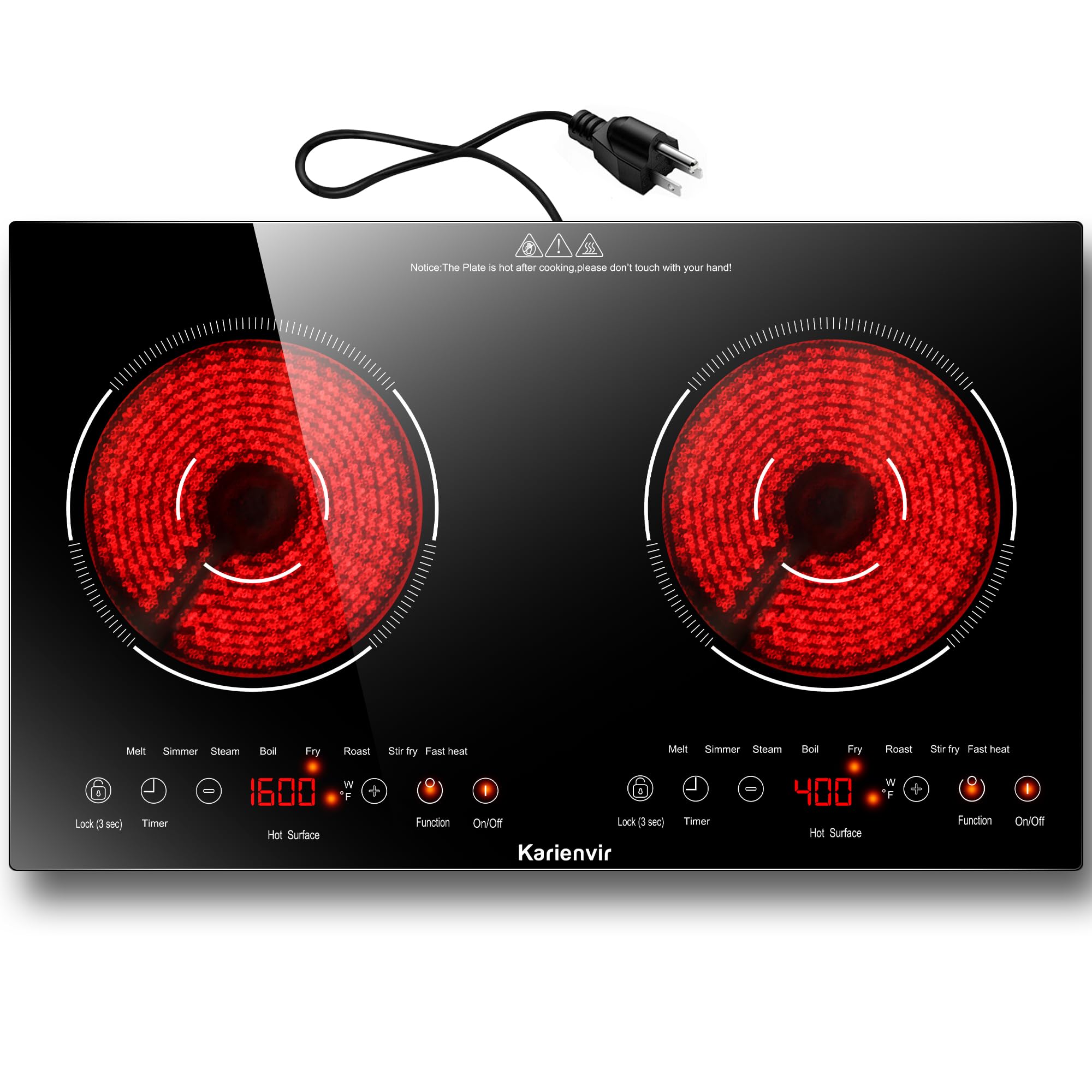 2 Burner Electric Cooktop 110v, 24 Inch Electric Stove Countertop & Built-in, Plug-in Electrics Cooktop, 8 Power Levels & 8 Functions, Touch Control, Safety Lock, Timer, 2000W, Karienvir