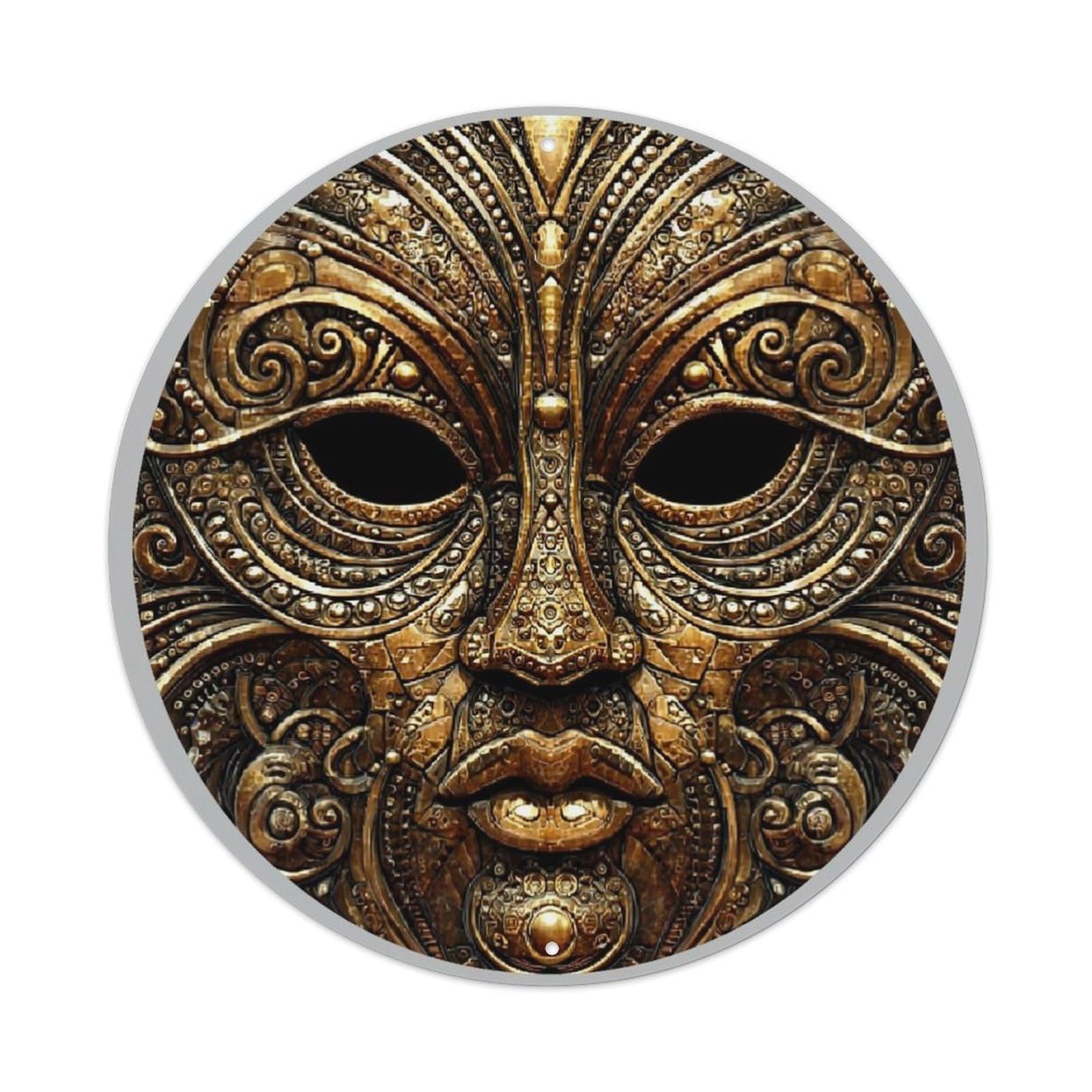 Intricate Gold Mask Design Pattern Retro Metal Sign Round Tin Sign, Vintage Decor Art Poster for Bar, Home, Man Cave, Kitchen, Laundry Room Gift 8x8Inch