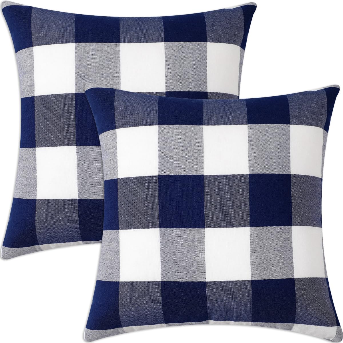 FSZhenZuan Pack of 2 Cushion Covers 45x45cm Decorative Throw Pillow Covers Navy Blue Grid Soft Square Pillowcases with Invisible Zipper for Sofa Couch Bed Home Decor