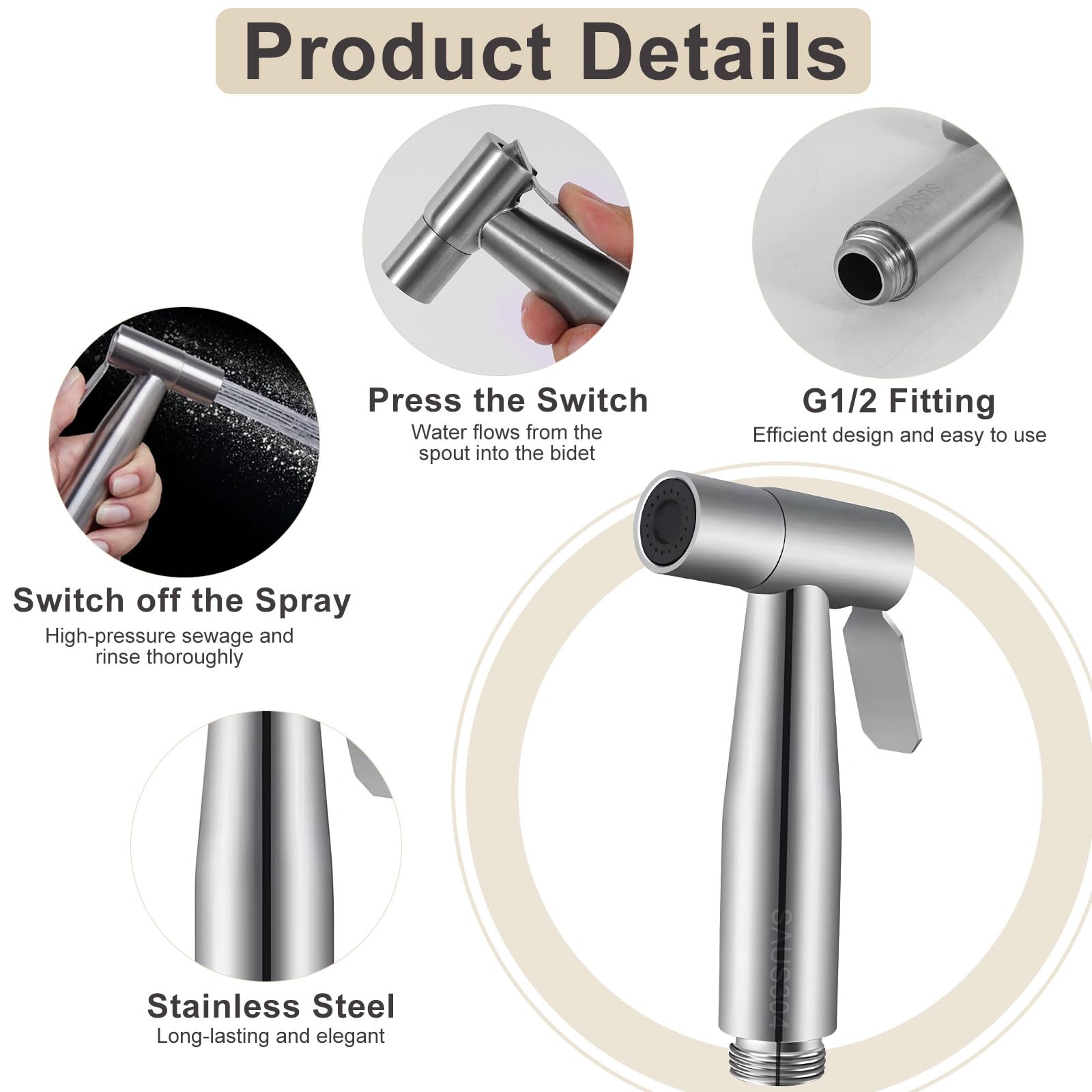 Kit de Douchette de Bidet en Acier Inoxydable, Vaporisateur de Toilette Douchette à Main avec 1.5m Tuyau et Support, Kit Douchette WC Complet, Pulvérisateur de Bidet à Main pour Hygiène Personnelle