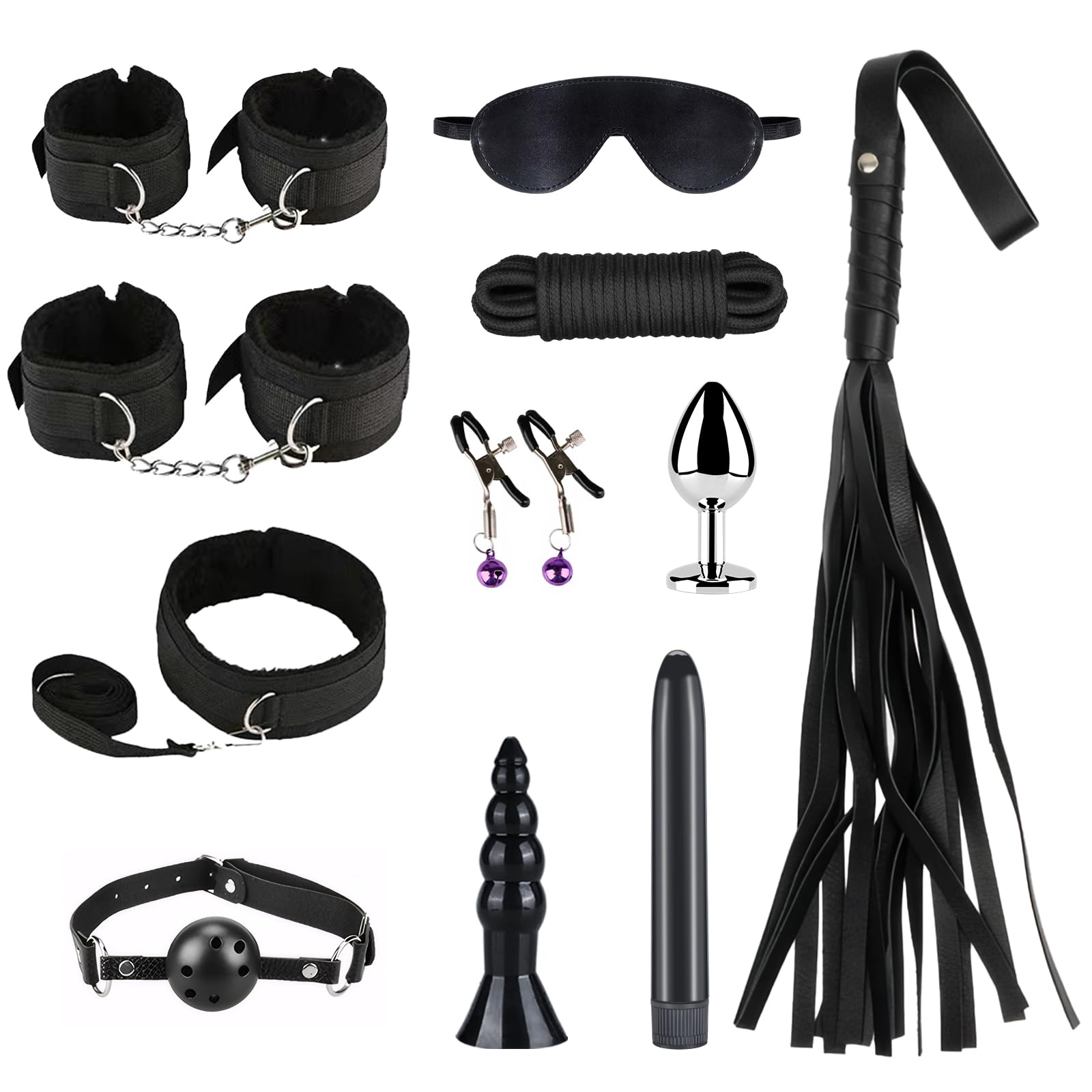 Kit Bondage BDSM 12 Pezzi Qoosea per Coppie – Set di Restrizione Regolabile con Manette, Cavigliere, Collare, Benda Occhi, Bavaglio & Accessori per Giochi Erotici – Sex Toys per Adulti