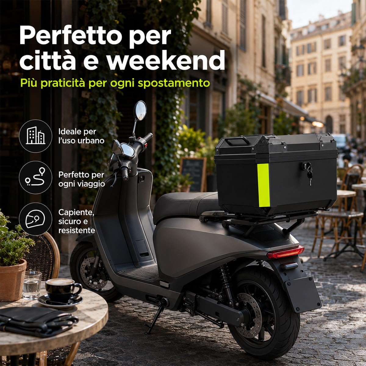 Bauletto posteriore scooter 45 L per casco integrale e accessori baule moto crema con piastra di montaggio fodera interna schienale e kit viti per tragitti urbani e viaggi brevi