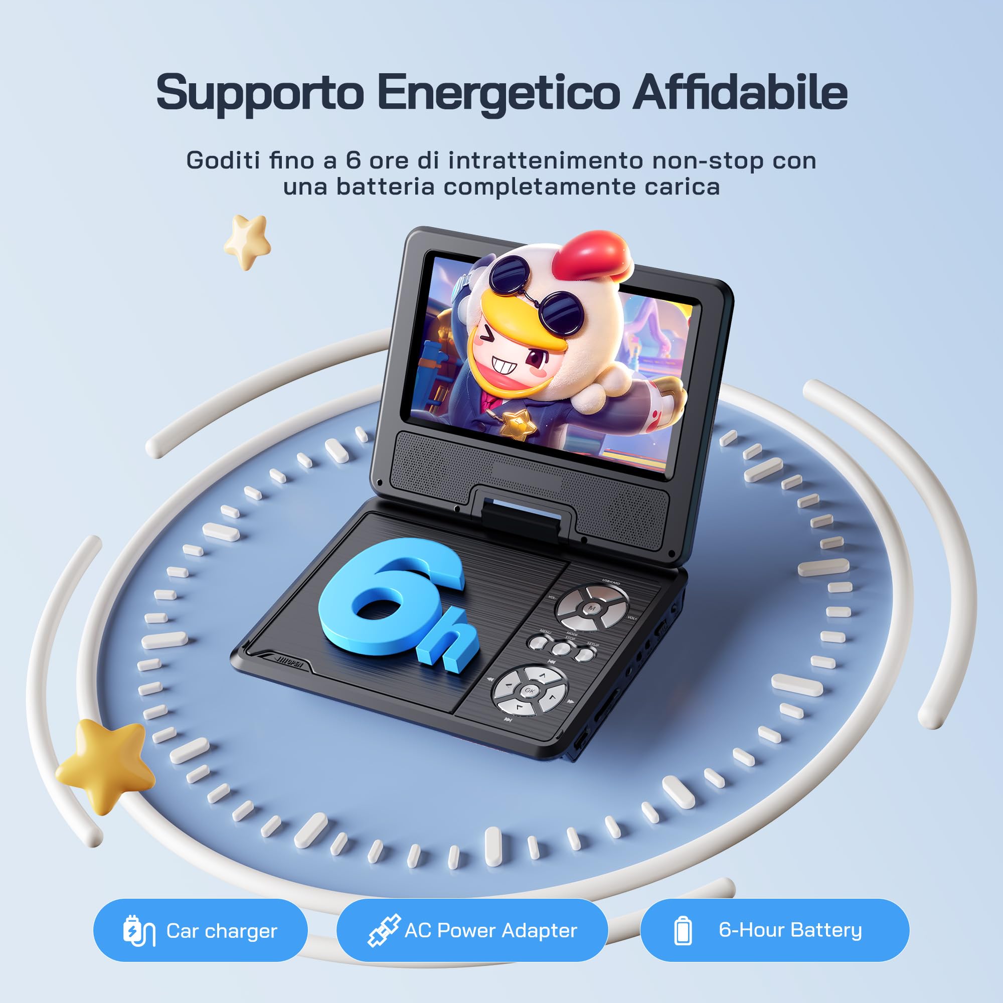 WOLFANG Lettore DVD portatile 9,5" schermo girevole HD 7,5" altoparlanti stereo batteria 6 ore Sync-TV USB SD