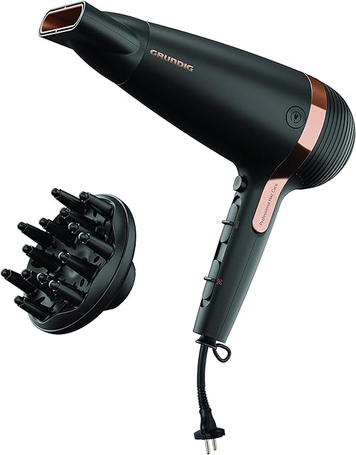 GRUNDIG Naturashine HD 7081 suszarka do włosów z funkcją joniki, ceramiczna ochrona, dysza do stylizacji Cool Touch, 2100 W, 3 poziomy temperatury i 2 poziomy przepływu powietrza, poziom zimna,