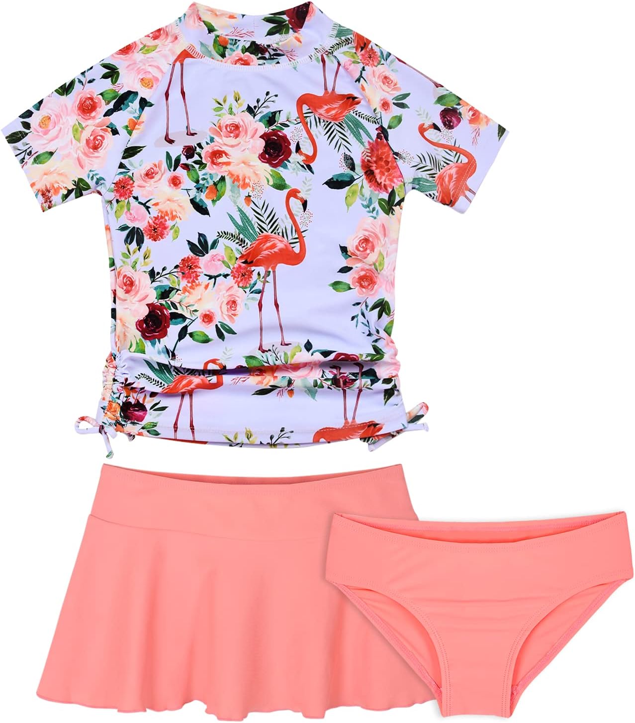 Cadocado Girls Swimsuit Rash Guard Girls' Swimwear Short Sleeve Bathing Suit 3 Pieces Kids Floral Swim Set with Skirt