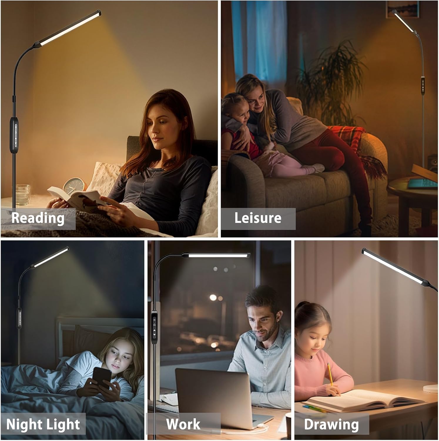 15W LED Floor Lamp with Stepless Adjustable 3000K-6000K Colors and Dimmer, LEDs Lash Lamp Tattoo Light Makeup Light, 360° Gooseneck Standing Light for Living Room, Bedroom, Office (Remote & Touch)