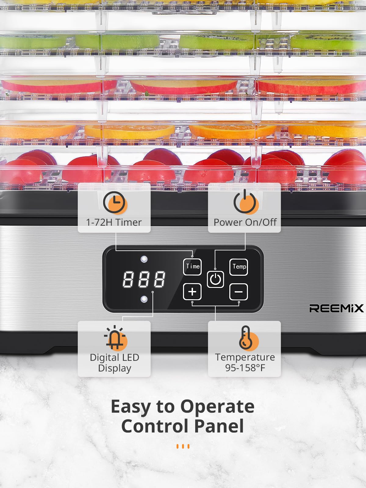 Dörrautomat mit 5 Etagen, Edelstahl-Basis, Digitaler Touch-Display für Präzise Temperatur & Zeitsteuerung, Kompakter Obsttrockner für Dörrfleisch, Obst, Gemüse und Kräuter (White)