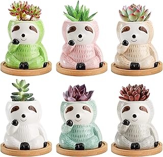 Okllen 6 Pack Sloth Planter with Bamboo Tray, Ceramic Small Succulent Planter Cute Animal Planters Pots, Cactus Flower Pot Container Sloth Gifts for Air Plant, Plant Lover, Indoor Outdoor, 6 Colors