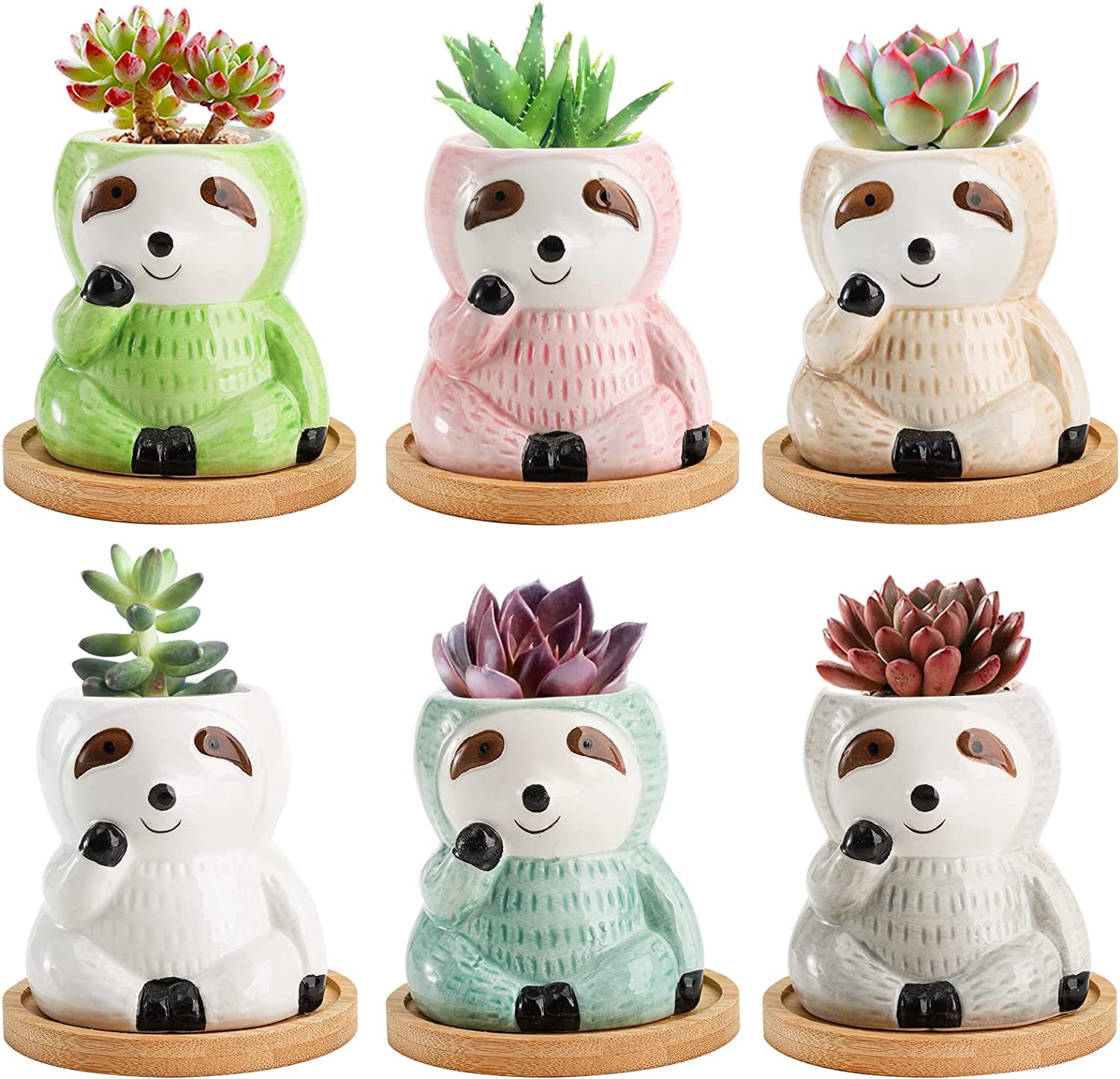 Okllen Confezione da 6 fioriere a forma di bradipo con vassoio in bambù, piccole fioriere in ceramica per piante grasse, graziosi vasi per animali, cactus, bradipo, regali per piante aeree, amanti