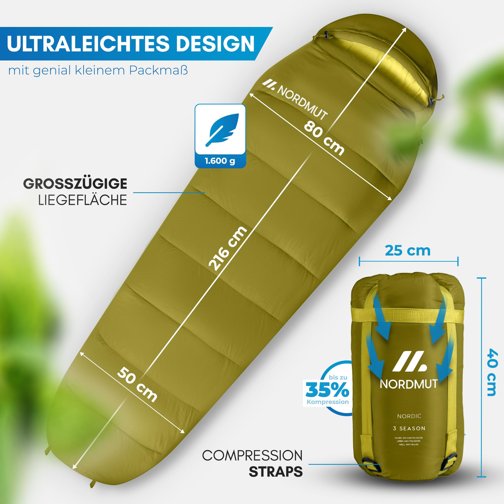NORDMUT® Sacco a Pelo per Adulti – Dimensioni di Trasporto Ridotte & Ultra Leggero (900/1500 g) – 3 Stagioni (250 GSM) & Sacco a Pelo Estivo (100 GSM) – Mummia
