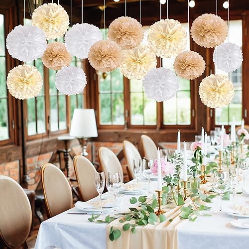 Miniatura 9 de SUNBEAUTY 15 PCS Champagne Tissue Paper Pom Poms, Neutral Party Decorations,Creamy White Paper Flowers for Engagement Receptions, Wedding ,Birthday,