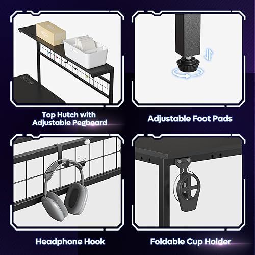 Miniatura 6 de Bestier Escritorio para juegos de 42 L, escritorio para computadora con tomas de corriente, luces LED, escritorio esquinero reversible con estantes