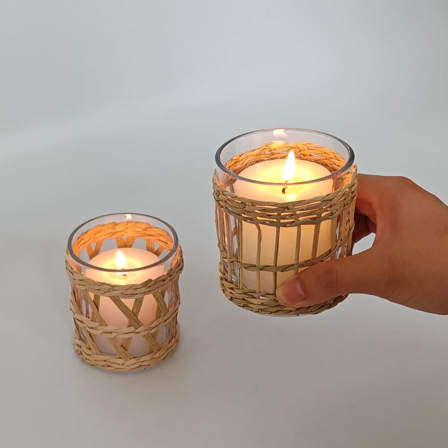 Set of 2 Glass Hurricane Candle Holder with Woven Cane Wrap, 3.7 x 2.7 inches, Decorative Vase