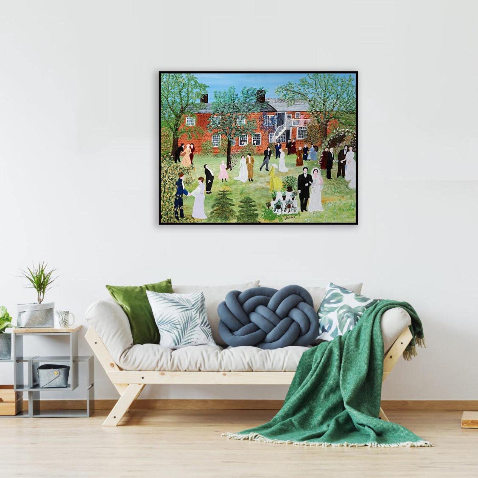 JZSDGB Marco negro-Grandma Moses Pintura Reproducción de Carteles Cuadro en lienzo-impresión Obras de Arte-Paisaje Cuadros famosos impreso sobre lienzo(una boda en el campo) 80x120cm(31x47in)