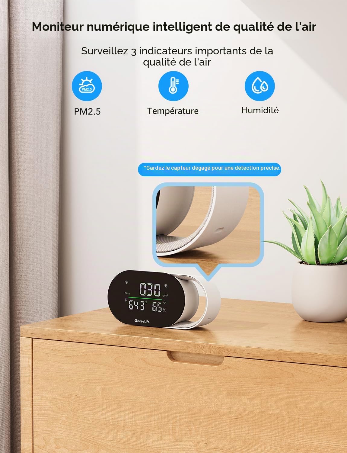 GoveeLife Moniteur intelligent de qualité de l'air avec PM2.5, WiFi, capteurs de température et d'humidité, affichage LED, rafraîchissement 2 s, stockage de données de 2 ans, pour la maison et le
