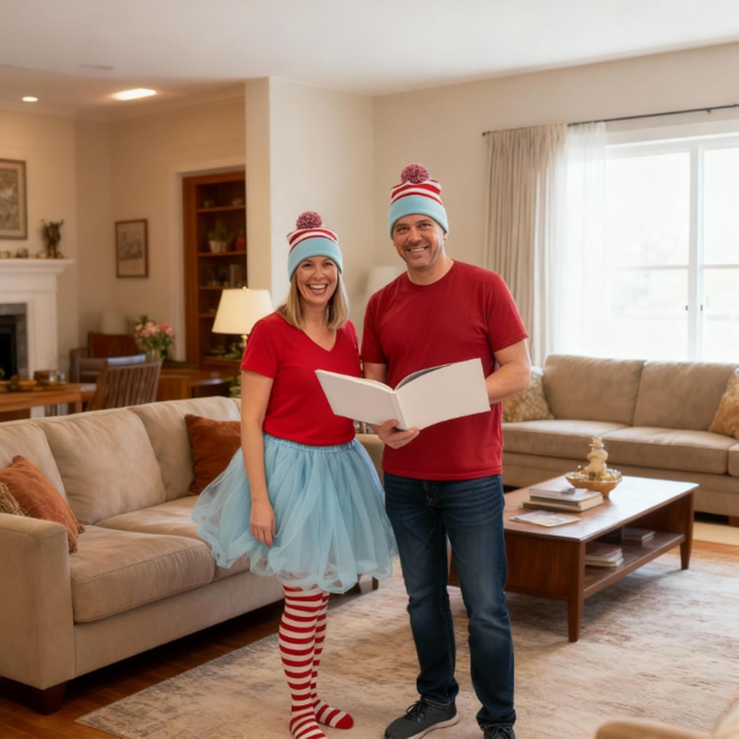 2 Pack Red White and Blue Striped Bobble Hats Knitted Beanies with Pom Pom Stretchy Winter Hats for Themed Parties Costumes - Image 5