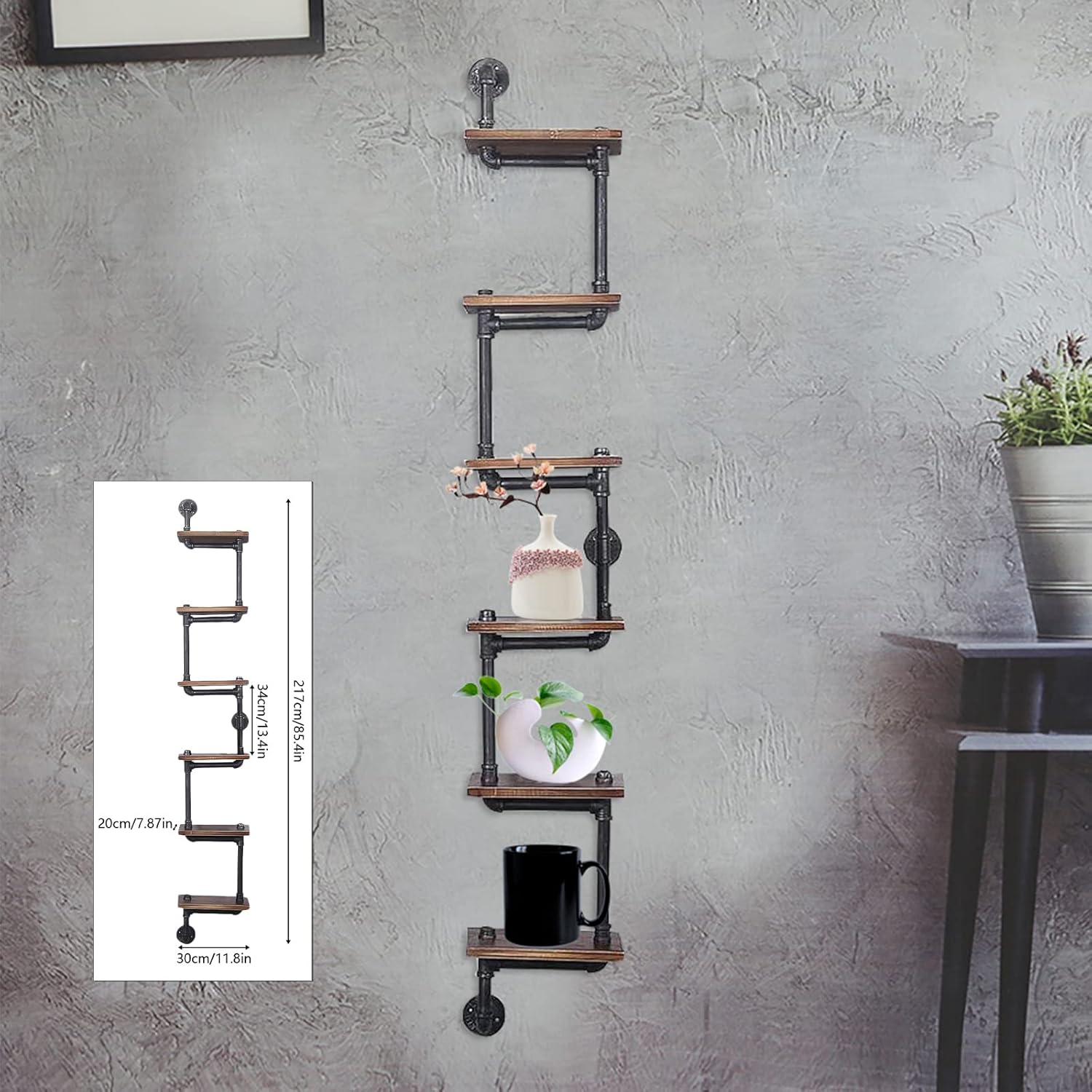 Bookcase with 6 Tier Industrial Pipe Shelving, Individuality Pipe Shelves with Wood Planks, Rustic Floating Shelves Wall Mounted, Retro Bar Shelf