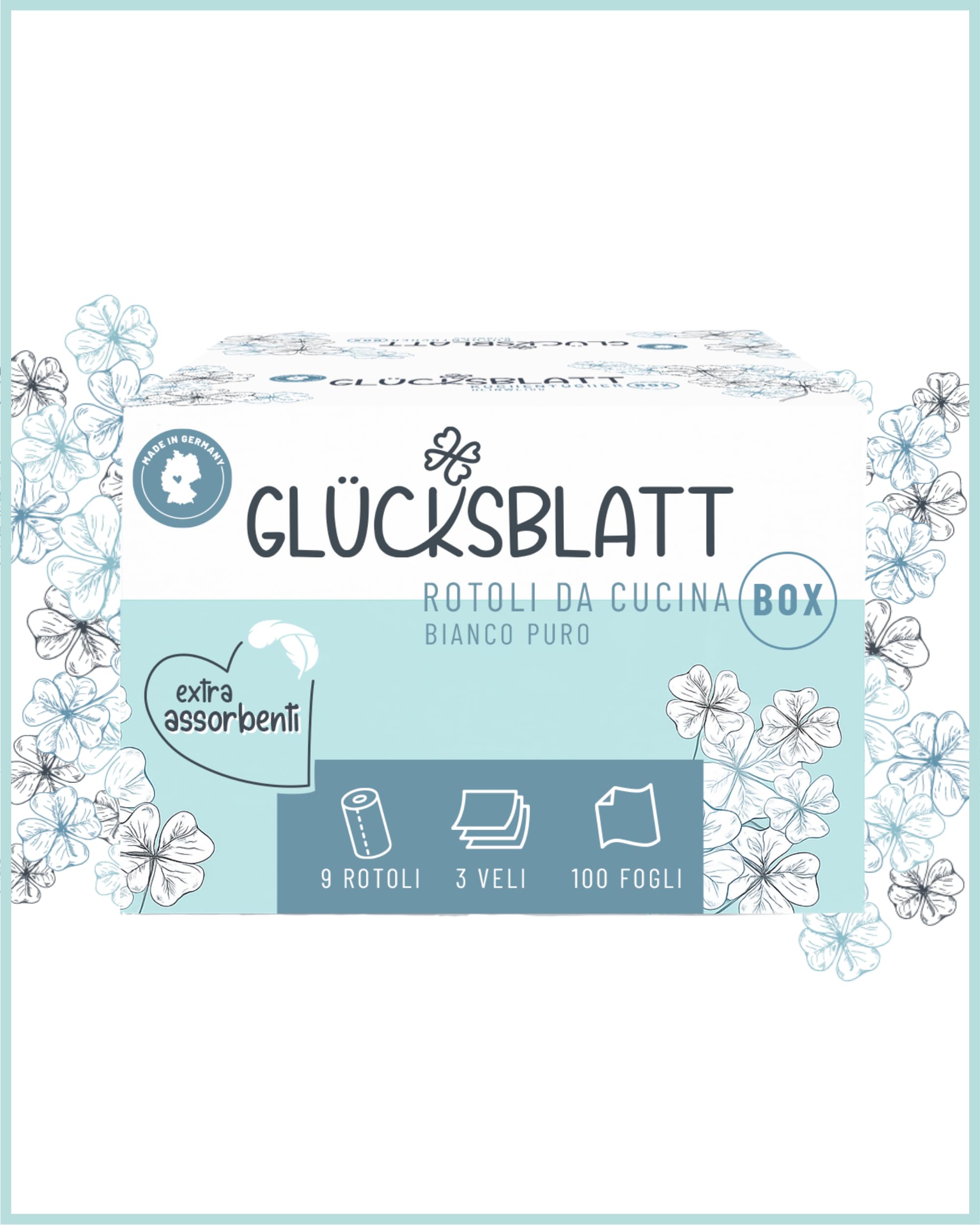 Glücksblatt Asciugamani da Cucina, 9 Rotoli da 100 Fogli a 3 Strati, Senza Plastica, Sostenibili, per la Casa, Carta da Cucina