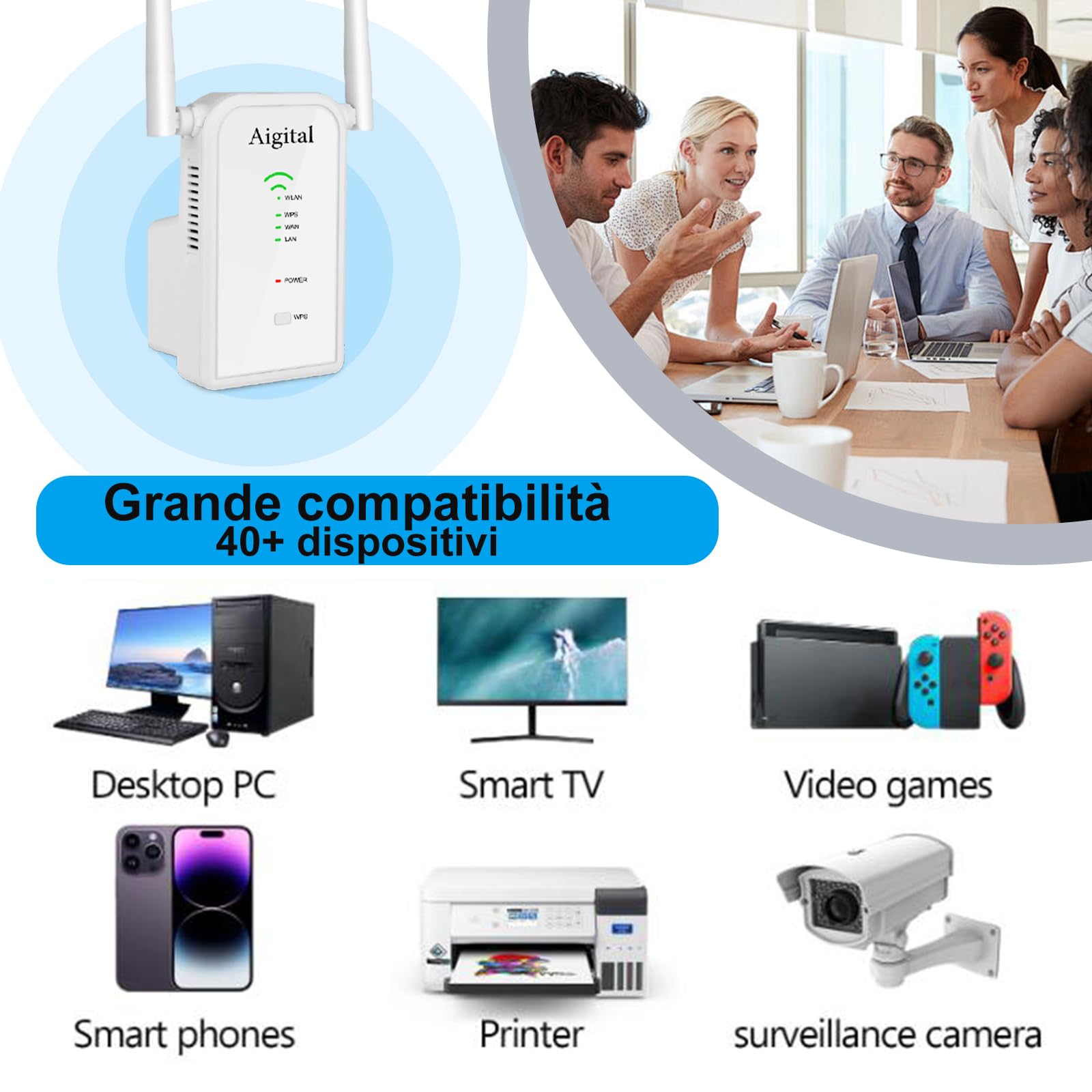 2025 Ripetitore WiFi Potente per Casa, Extender Amplificatore Segnale WiFi 300Mbps 2.4GHz con Porta WAN/LAN, WPS Facile da Configurare, Compatibile con Modem Fibra e ADSL