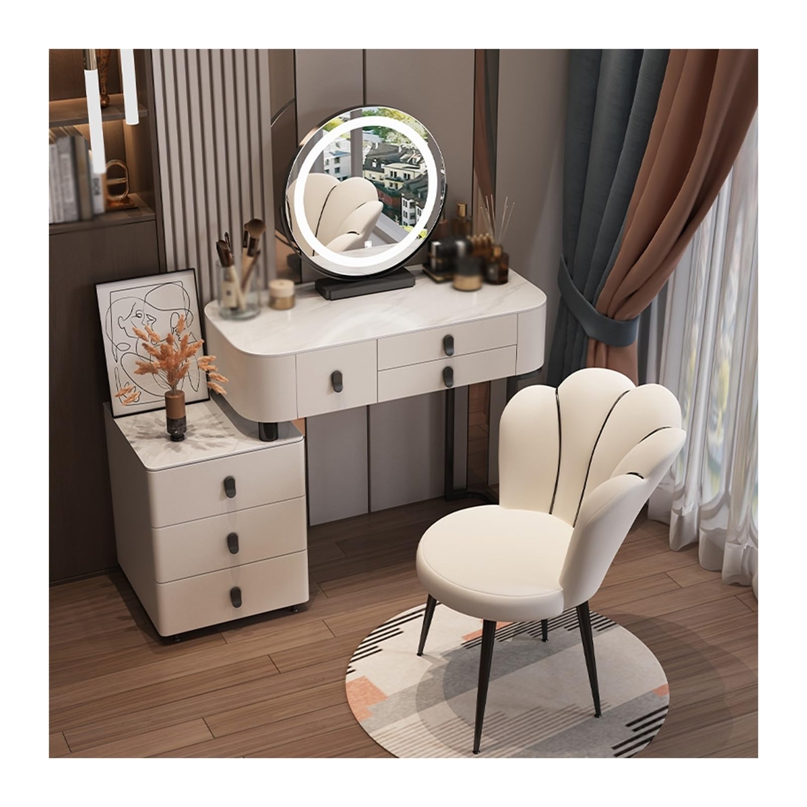 CGCSYZ Vanity Desk Modern White Vanity Table, Vanity Desk with LED Mirror and Bedside Table, Dressing Table for Girls and Women Makeup Dressing Table (White Back Chair 100cm)