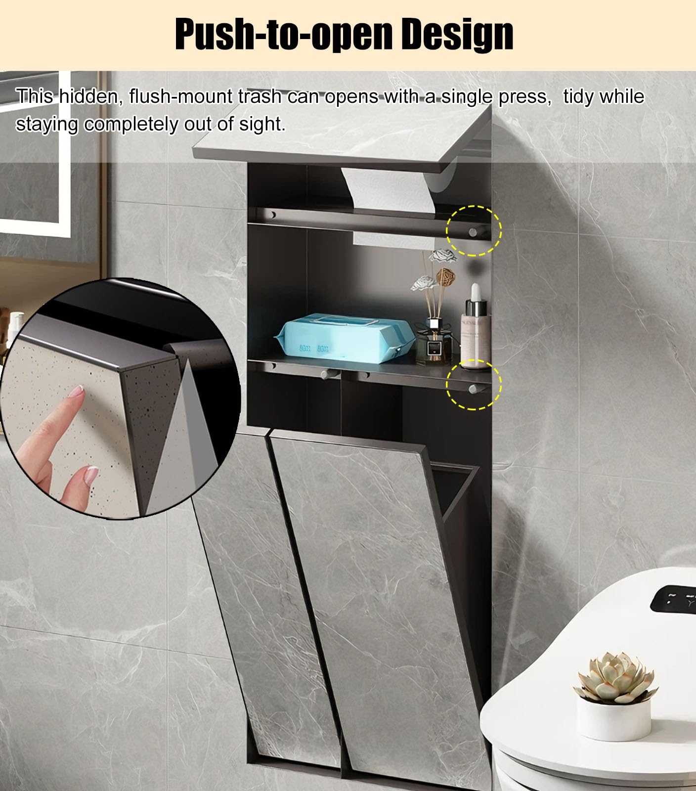 papelera, portarrollos y escobillero empotrados ni Mueble Empotrado 4 En 1 Para Baño Incluye Compartimento Oculto Para Basura, Soporte Para Papel Higiénico, Repisa Para El Teléfono Y Escobillero