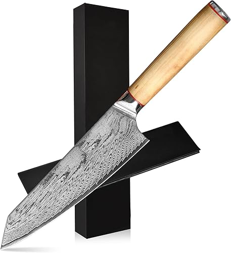 Vista 9 de Cuchillo Santoku de 8 pulgadas, cuchillo de cocina japonés profesional con acero de Damasco de 66 capas, borde afilado, mango ergonómico