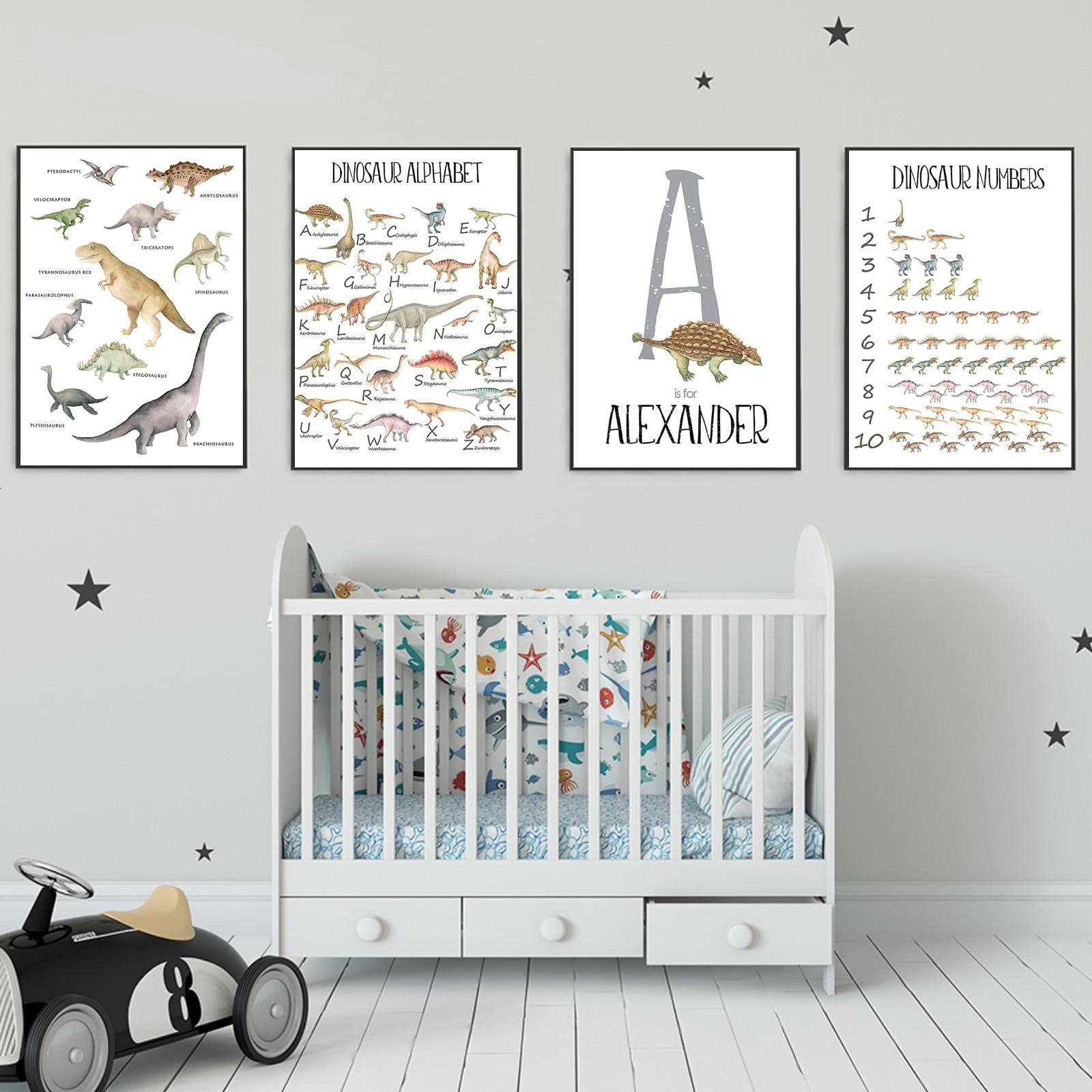 Set 4 Poster Educativi Per Cameretta - Dinosauri, ABC E Numeri Da 1 A 10 - Stampe 20x25 Cm
