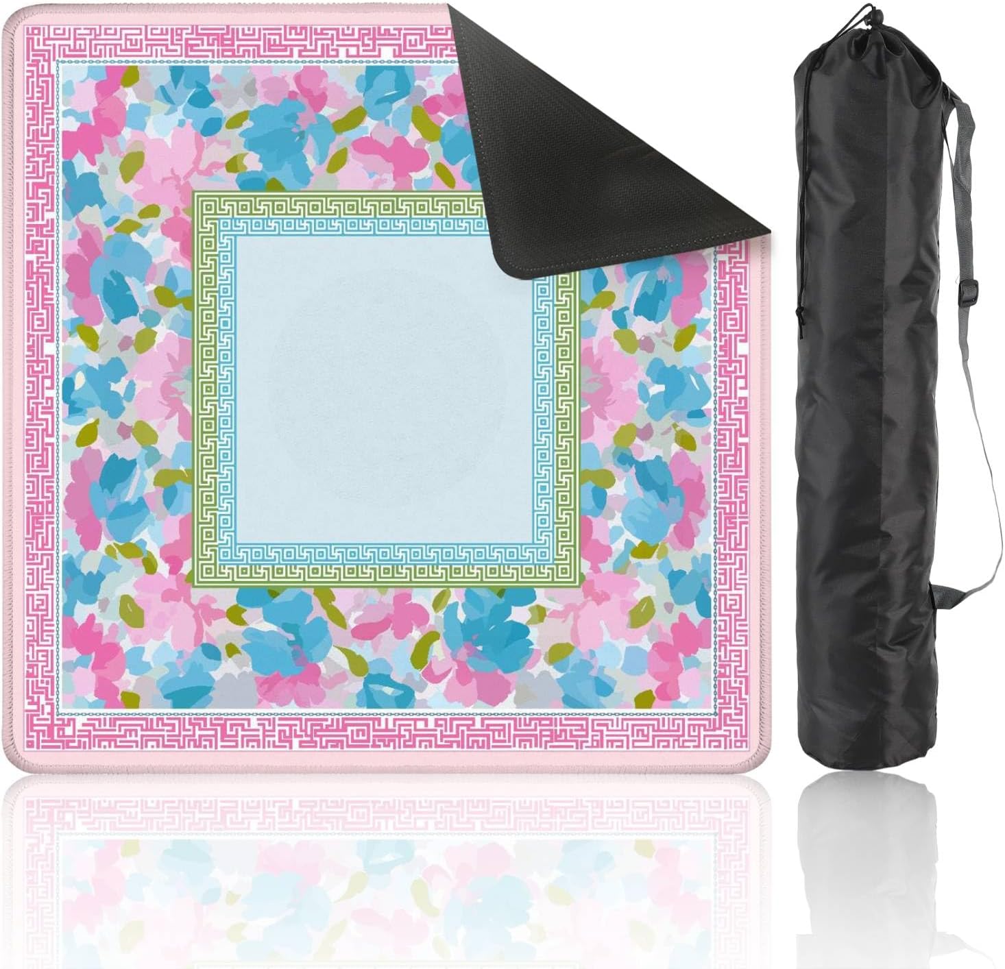Mahjong Mat 31.5" x 31.5" Floral Pink Blue Watercolor Geometric Border Design Non-Slip Noise Reduction Mahjong Tiles Table Cover for Dominoes Poker Card Board and Tile Games