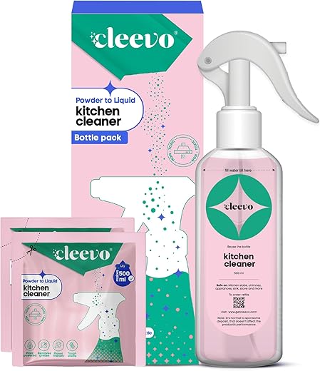Cleevo Kitchen Cleaner Spray- 1L Bottle Pack | Natural Plant-Based Cleaning Spray for Tough Stains, Gas Stove, Countertop, Chimney | Grease & Grime...