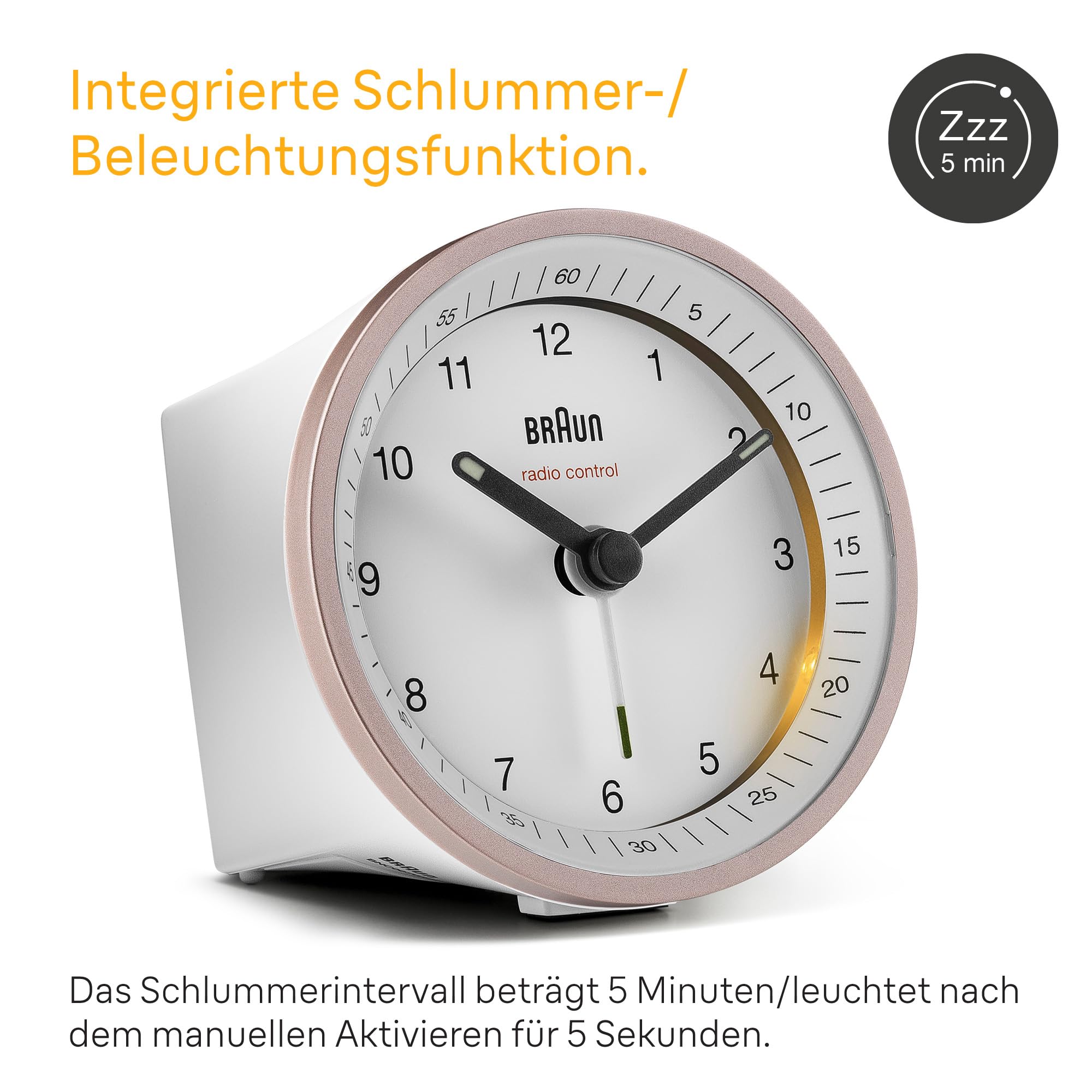 Klassischer analoger Funkwecker von Braun für die Mitteleuropäische Zeitzone (MEZ/GMT+1) mit Schlummerfunktion und Beleuchtung, ruhigem Uhrwerk, Crescendo-Alarm in Weiß und Rose, Modell BC07PW-DCF