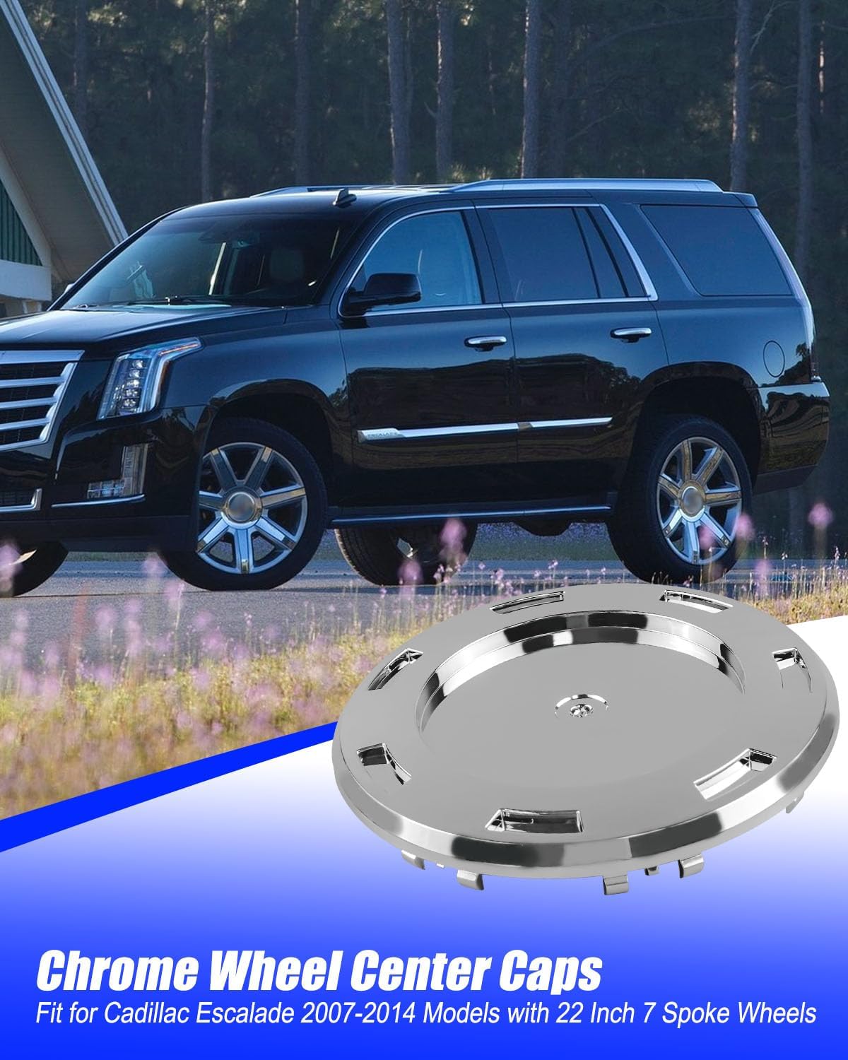 4PCS Chrome Wheel Center Caps 22" 7 Spoke with Ring Compatible with Cadillac Escalade 2007-2014 Replace 9596649