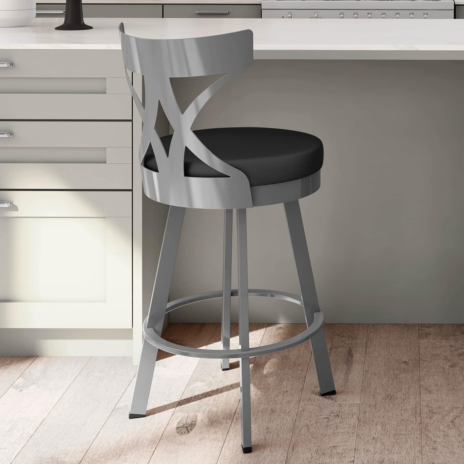 Amisco Washington 26" Counter Height Swivel Stool - Charcoal Black Faux Leather/Glossy Gray Metal