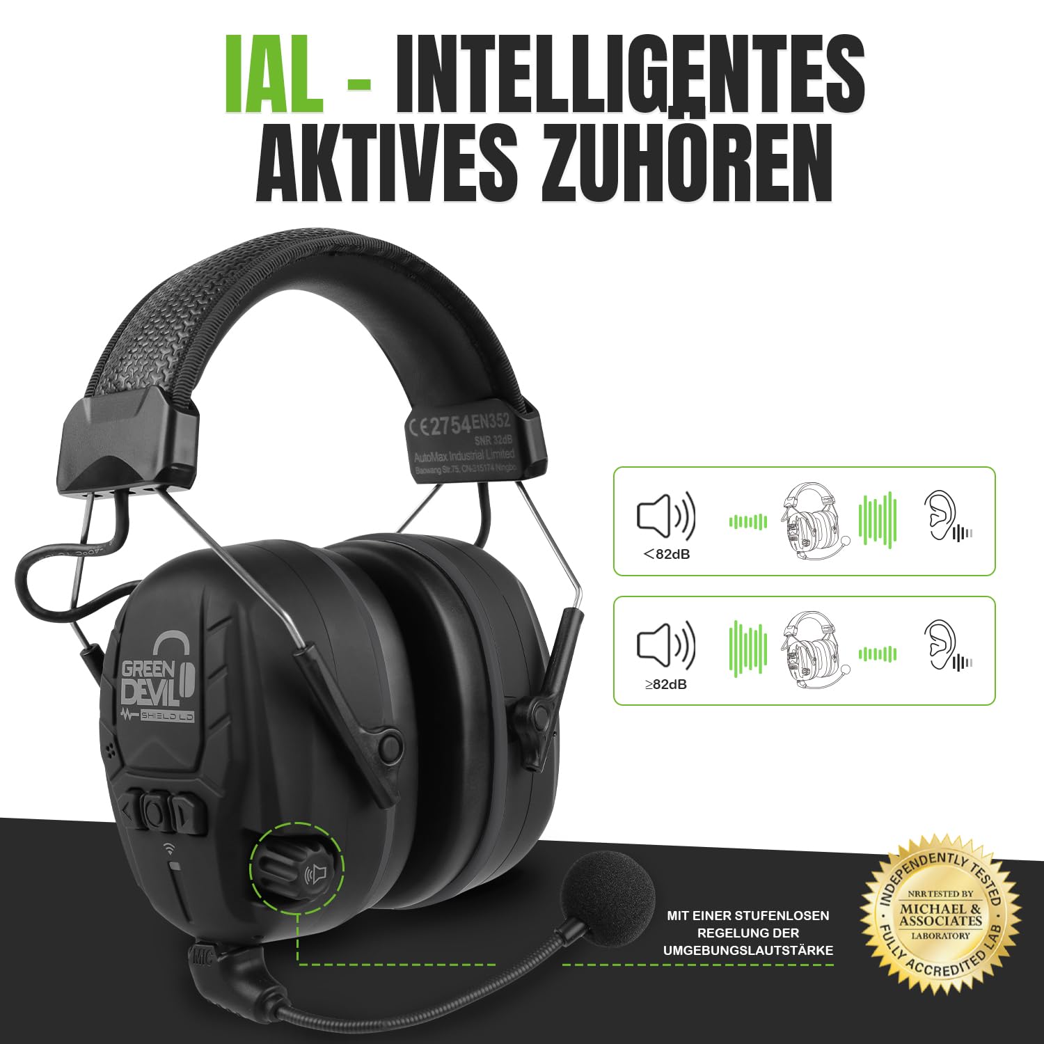 GREEN DEVIL Shield LD Aktiver Gehörschutz - elektronischer Gehörschützer mit Bluetooth 5.3 Technologie Integriertes Mikrofon EN352-konforme SNR 32dB für Mähen und Lärmintensive