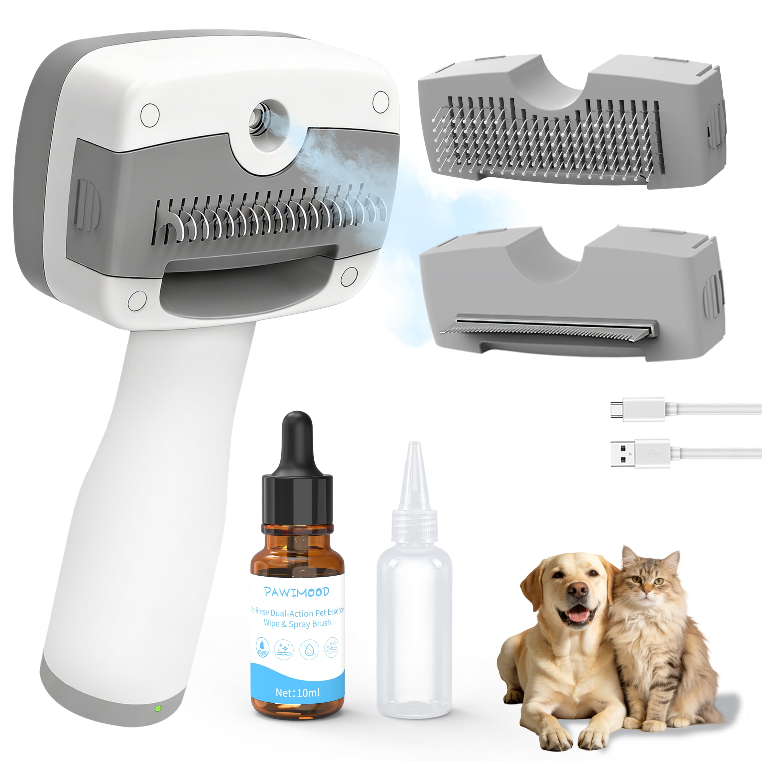 Cepillo de vapor para mascotas 5 en 1 para perros y gatos, autolimpieza, 3 cepillos para mascotas para alisar, desenredar, adelgazar, desprendimiento, aseo y depilación, incluye champú y